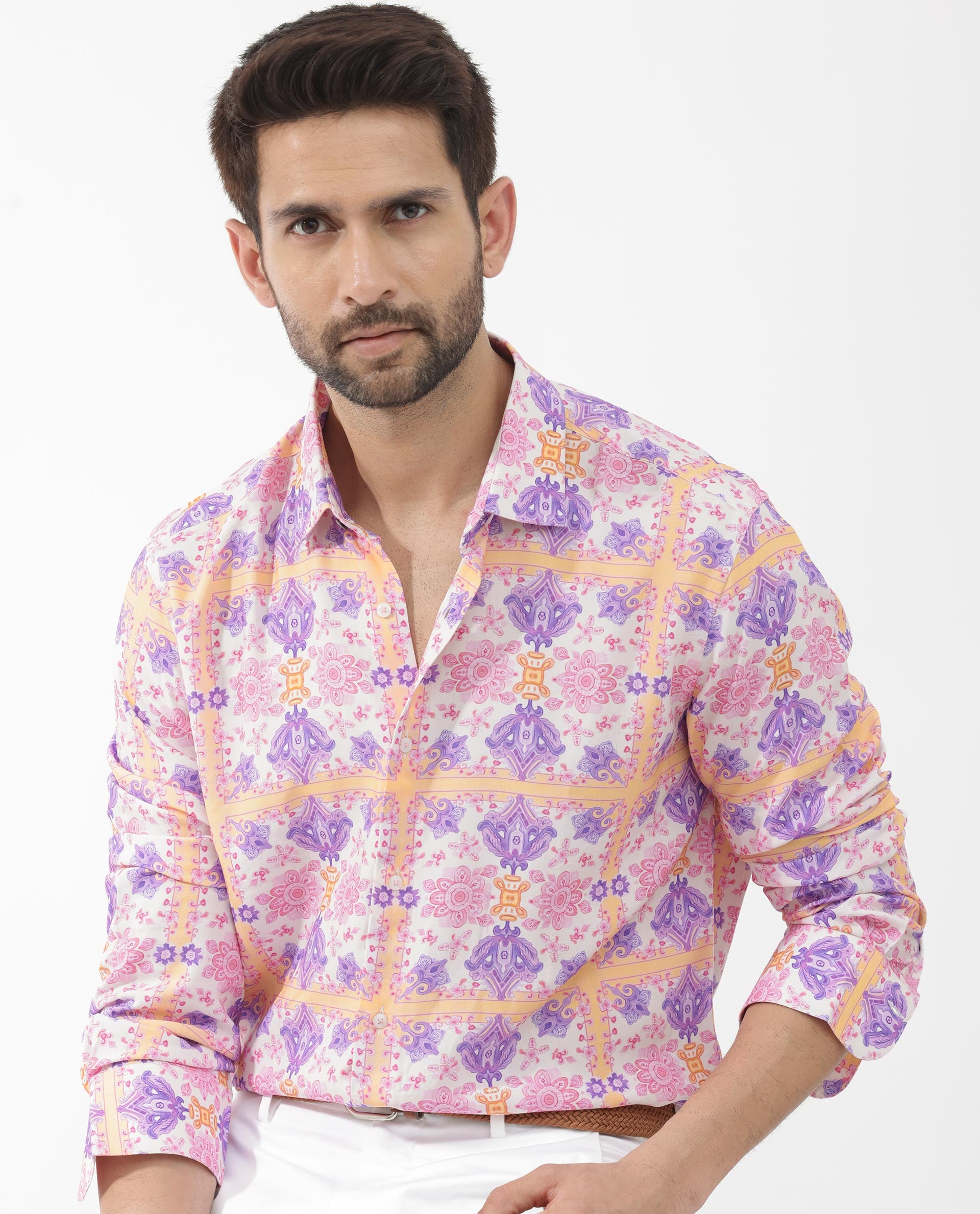 Rare Rabbit Mens Bodem Pink Full Sleeve Spread Collar Decorative Print Shirt