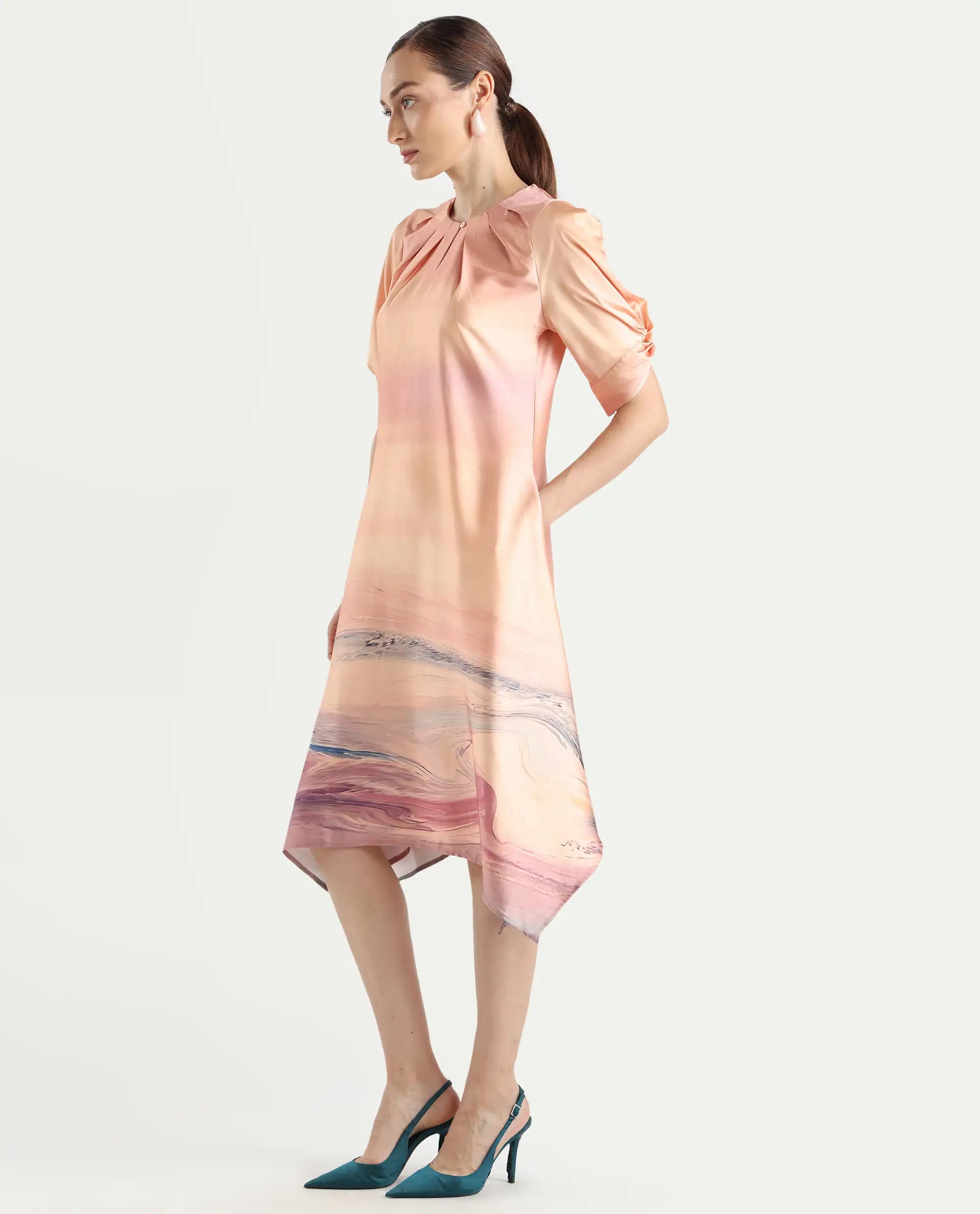 Rareism Women's Bogaz Pastel Multi Polyester Crew Neck Abstract Print Balloon Sleeve Midi Asymmetric Dress