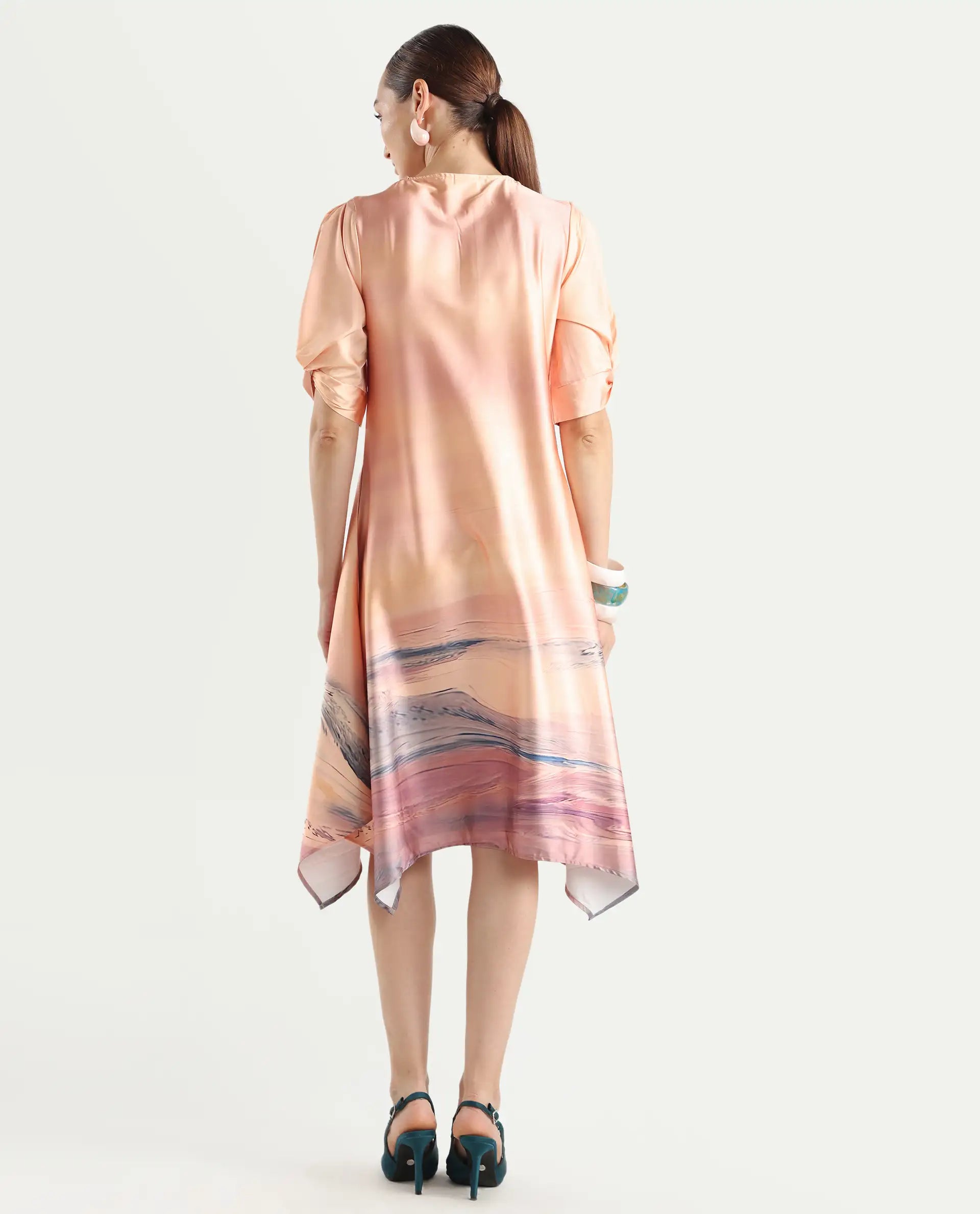 Rareism Women's Bogaz Pastel Multi Polyester Crew Neck Abstract Print Balloon Sleeve Midi Asymmetric Dress