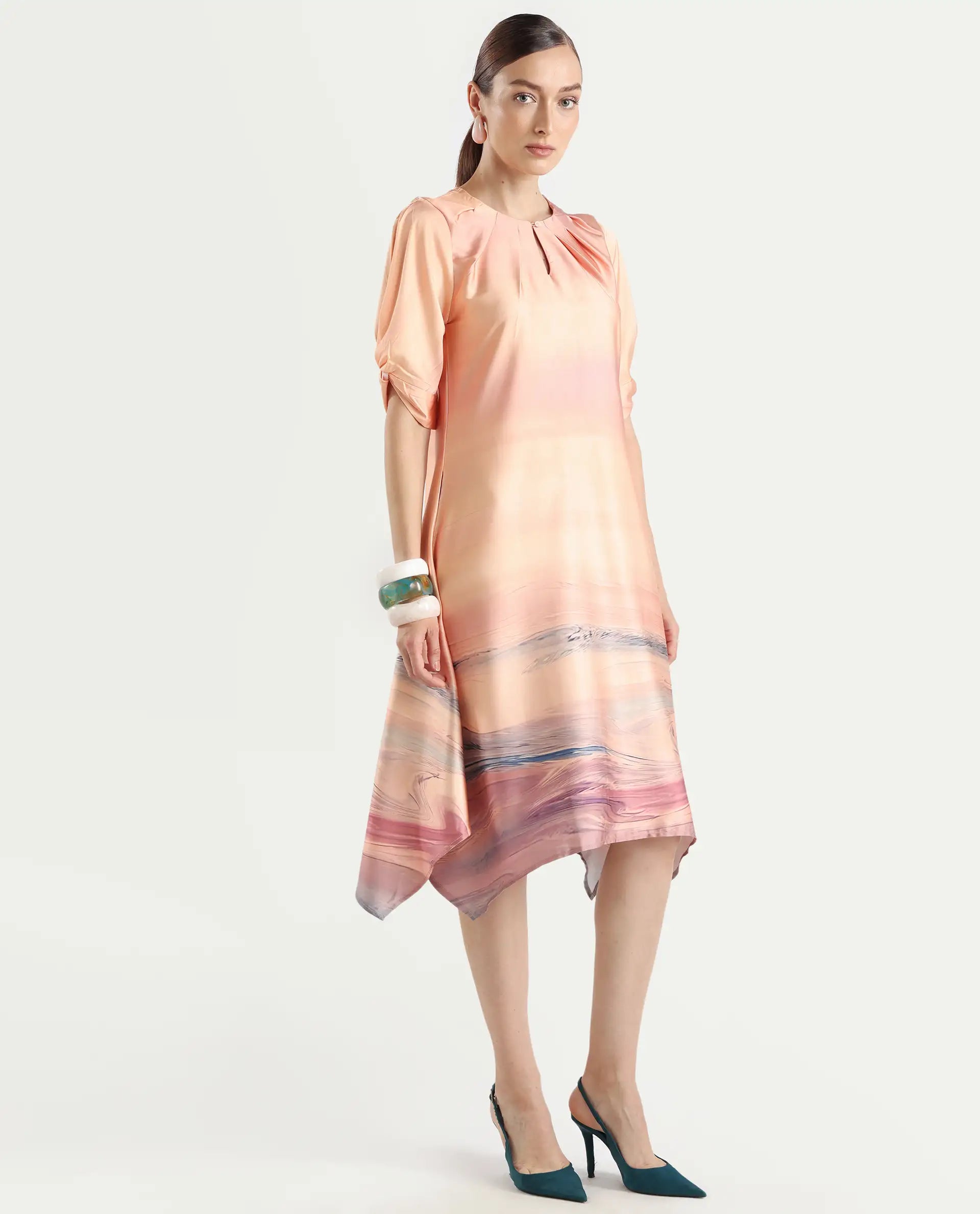 Rareism Women's Bogaz Pastel Multi Polyester Crew Neck Abstract Print Balloon Sleeve Midi Asymmetric Dress