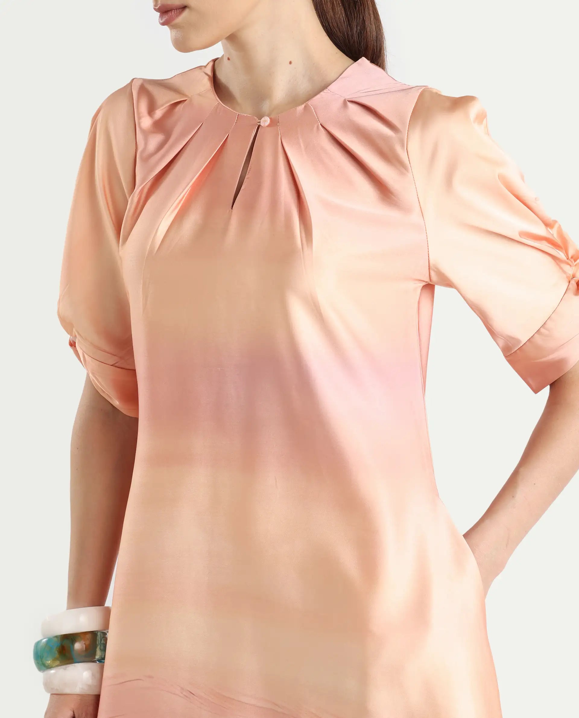 Rareism Women's Bogaz Pastel Multi Polyester Crew Neck Abstract Print Balloon Sleeve Midi Asymmetric Dress