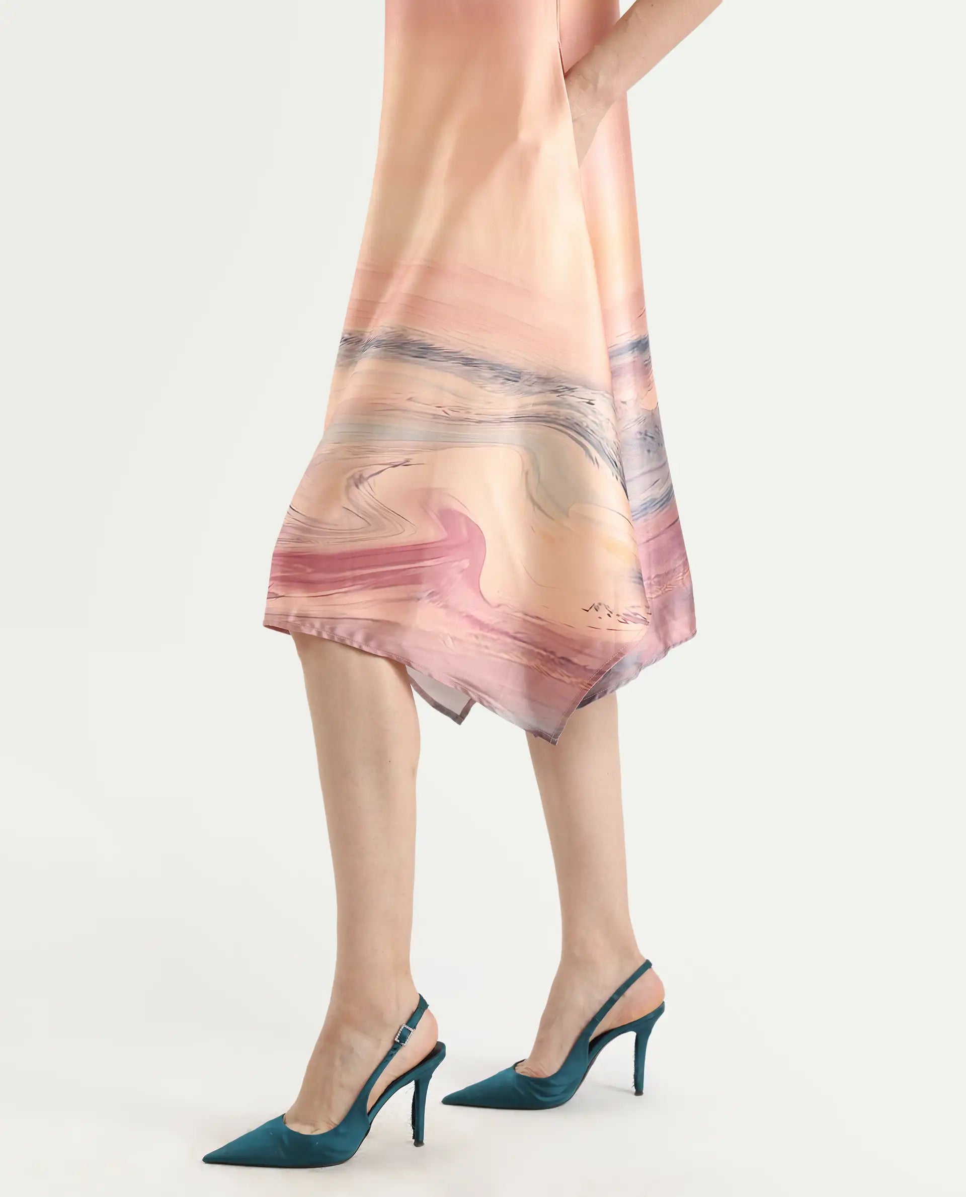 Rareism Women's Bogaz Pastel Multi Polyester Crew Neck Abstract Print Balloon Sleeve Midi Asymmetric Dress
