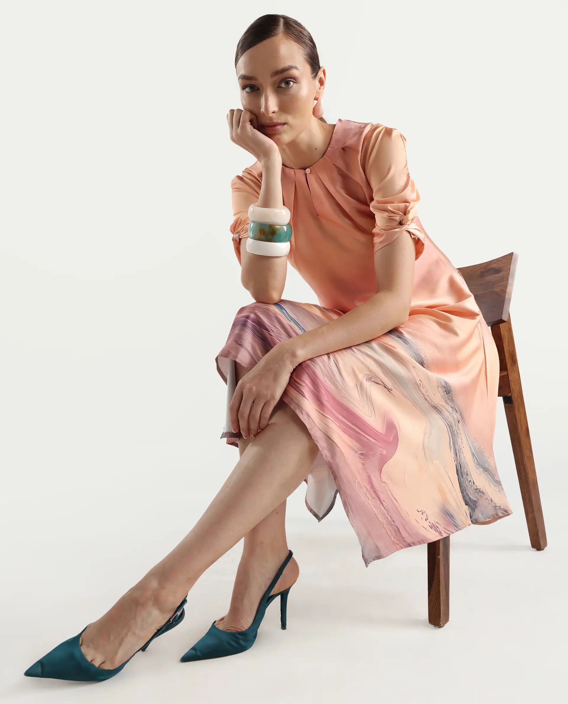 Rareism Women's Bogaz Pastel Multi Polyester Crew Neck Abstract Print Balloon Sleeve Midi Asymmetric Dress