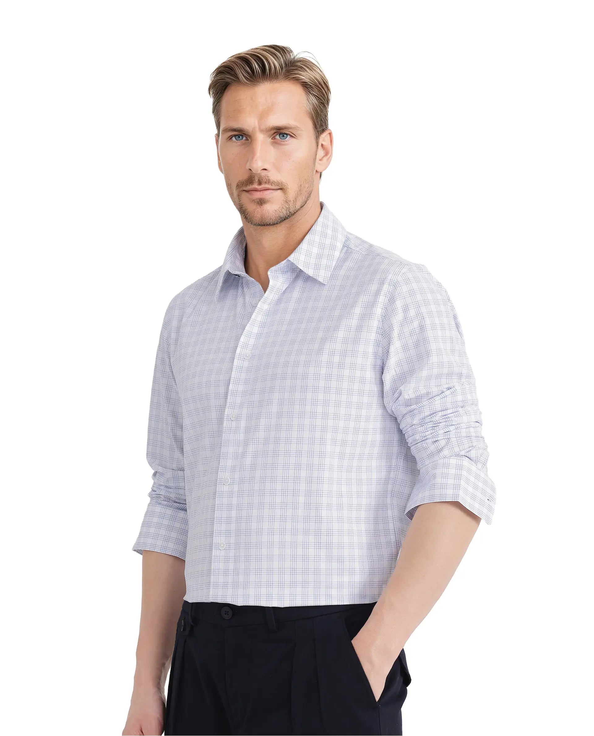 Rare Rabbit Men's Bogot Blue Cotton Fabric Full Sleeve Regular Collared Check Printed Shirt