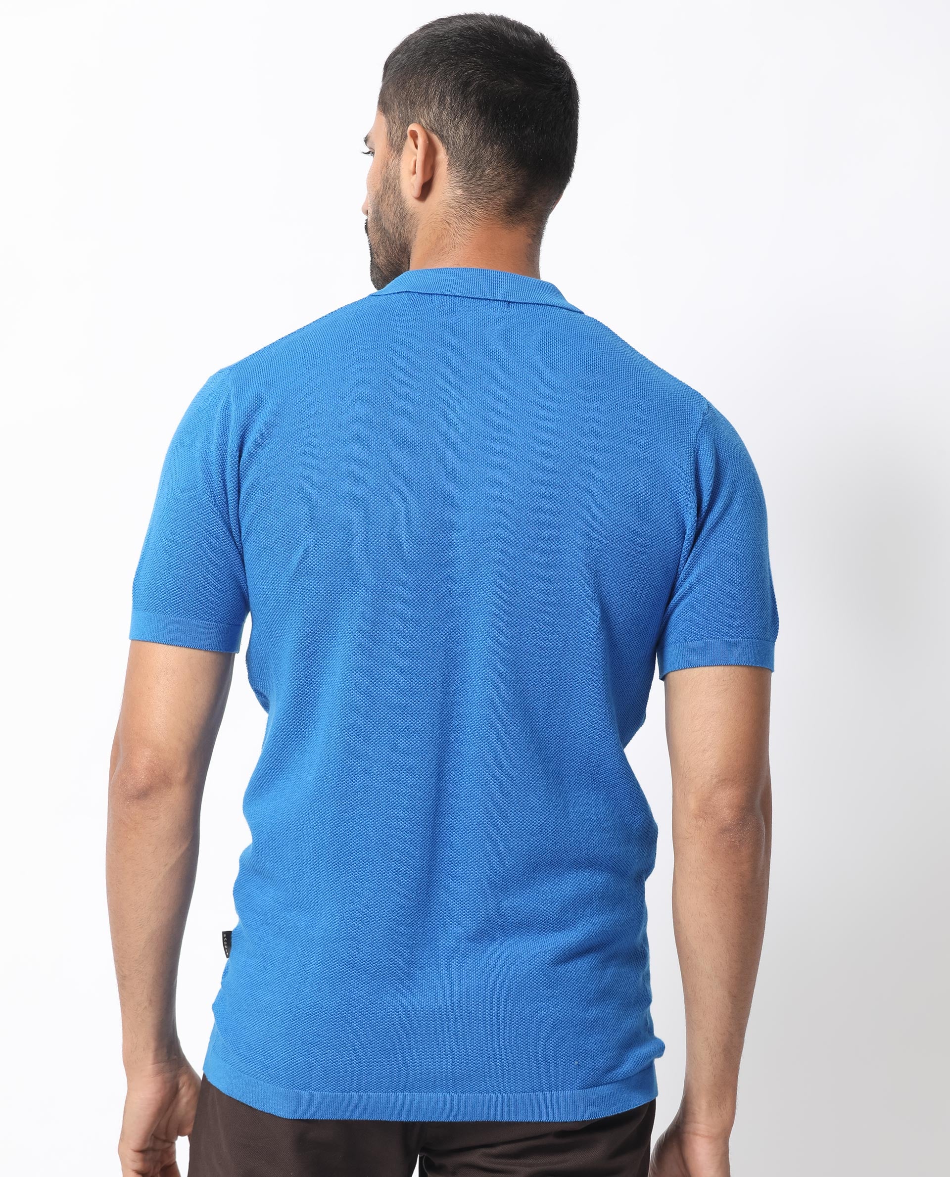 Rare Rabbit Men's Boise Ss Flouroscent Blue Cotton Fabric Half Sleeves Solid Knit Shirt