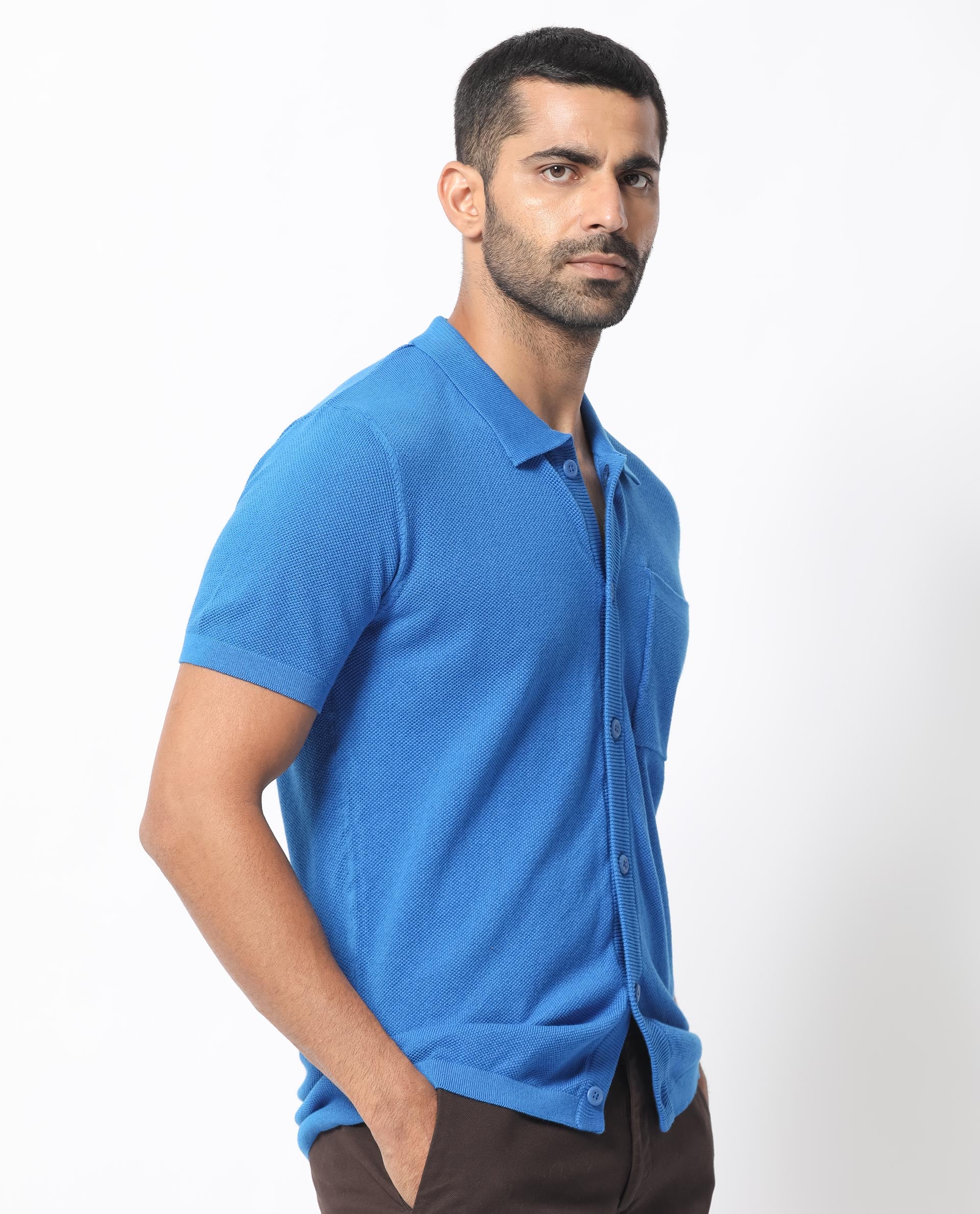 Rare Rabbit Men's Boise Ss Flouroscent Blue Cotton Fabric Half Sleeves Solid Knit Shirt