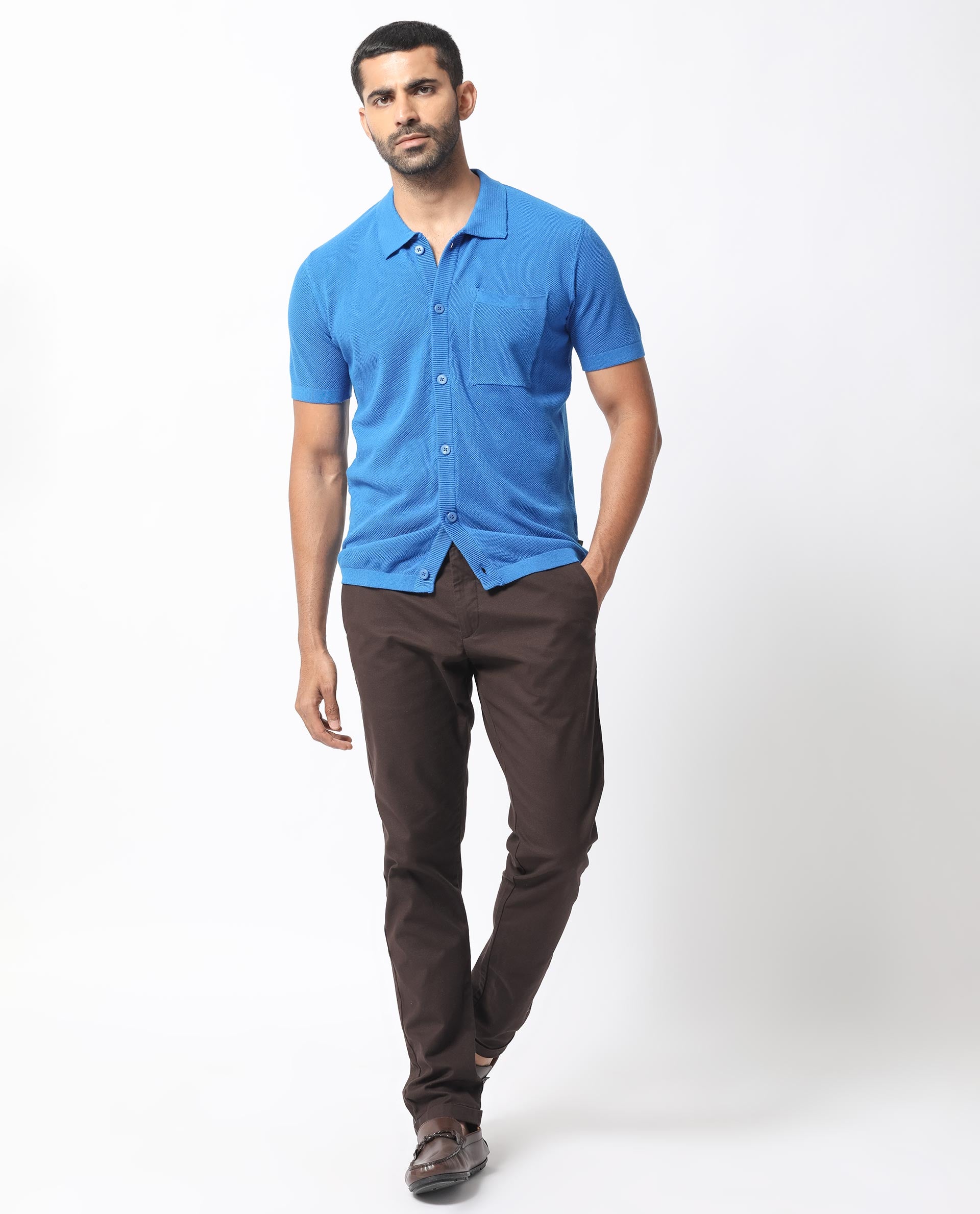 Rare Rabbit Men's Boise Ss Flouroscent Blue Cotton Fabric Half Sleeves Solid Knit Shirt