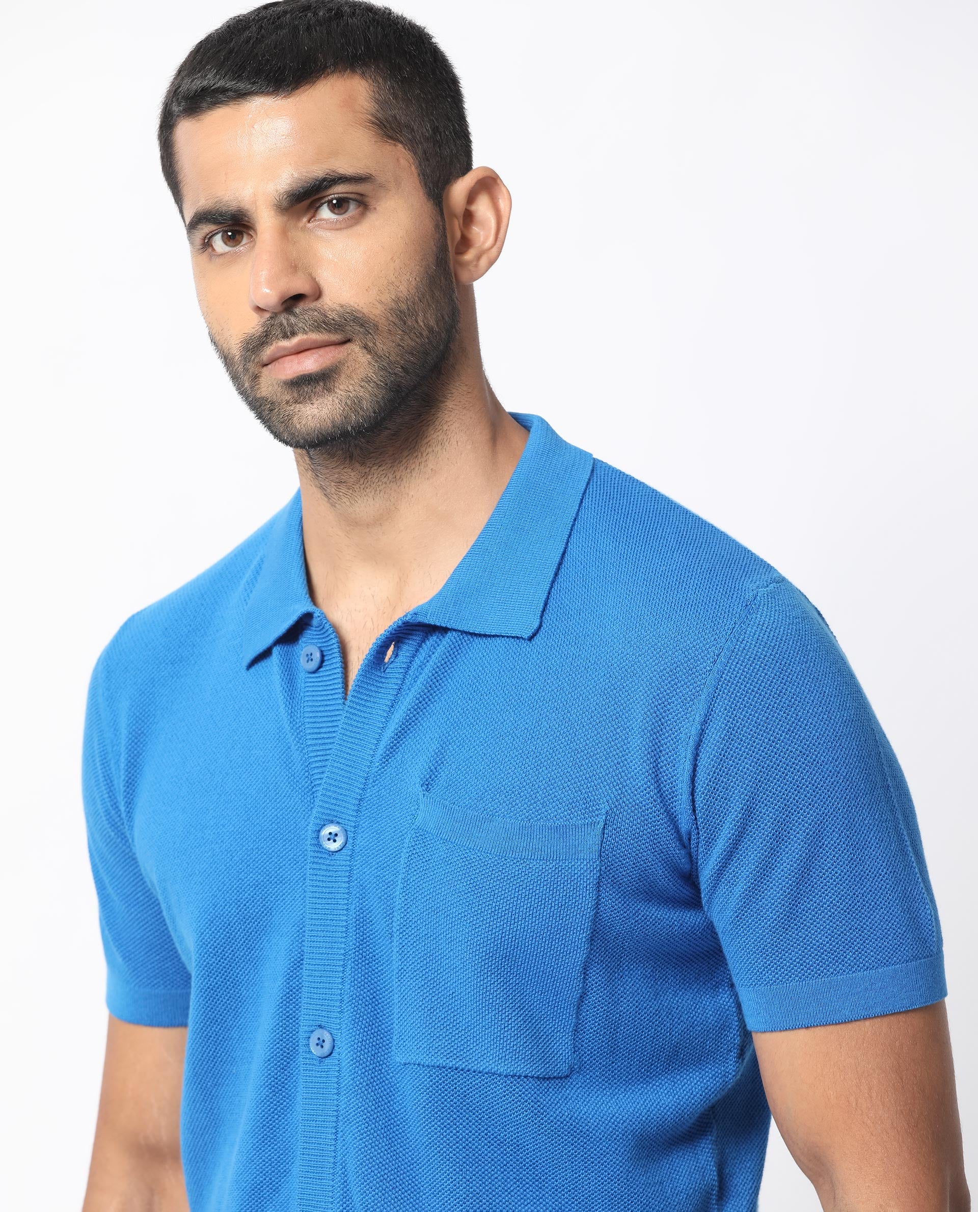 Rare Rabbit Men's Boise Ss Flouroscent Blue Cotton Fabric Half Sleeves Solid Knit Shirt