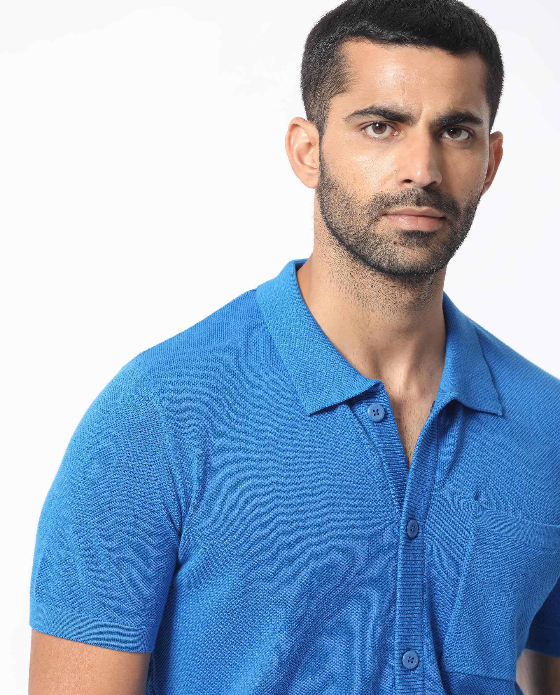 Rare Rabbit Men's Boise Ss Flouroscent Blue Cotton Fabric Half Sleeves Solid Knit Shirt