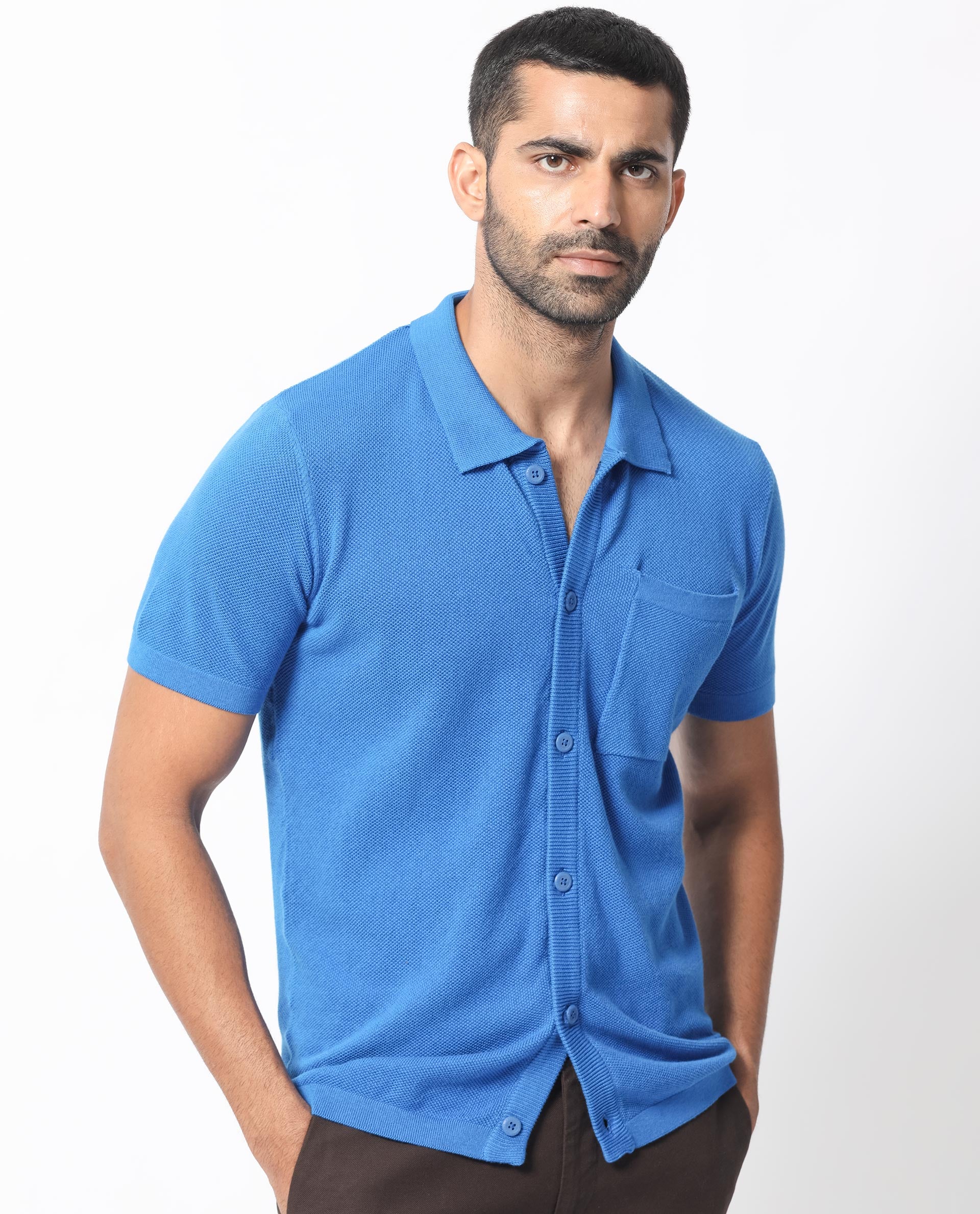 Rare Rabbit Men's Boise Ss Flouroscent Blue Cotton Fabric Half Sleeves Solid Knit Shirt