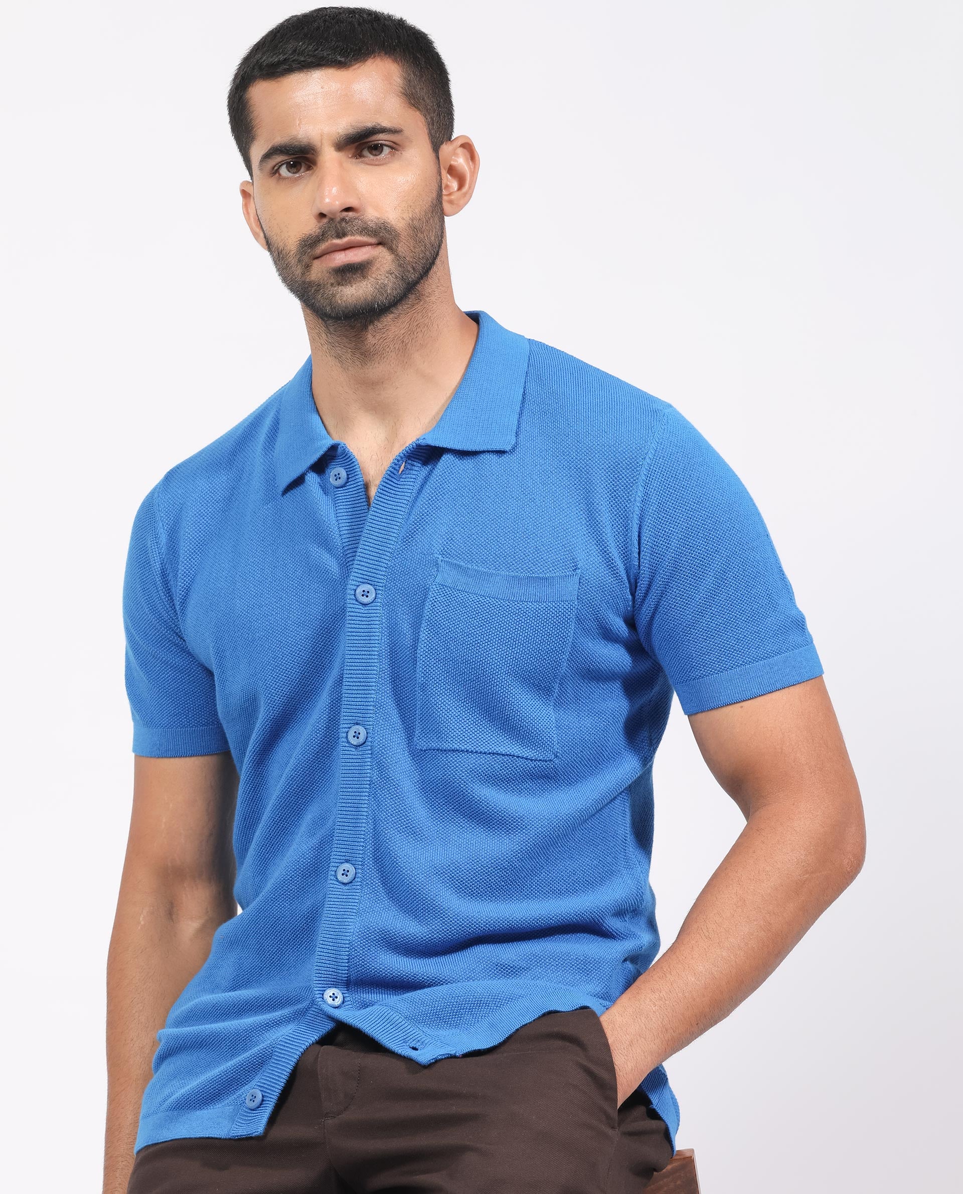 Rare Rabbit Men's Boise Ss Flouroscent Blue Cotton Fabric Half Sleeves Solid Knit Shirt