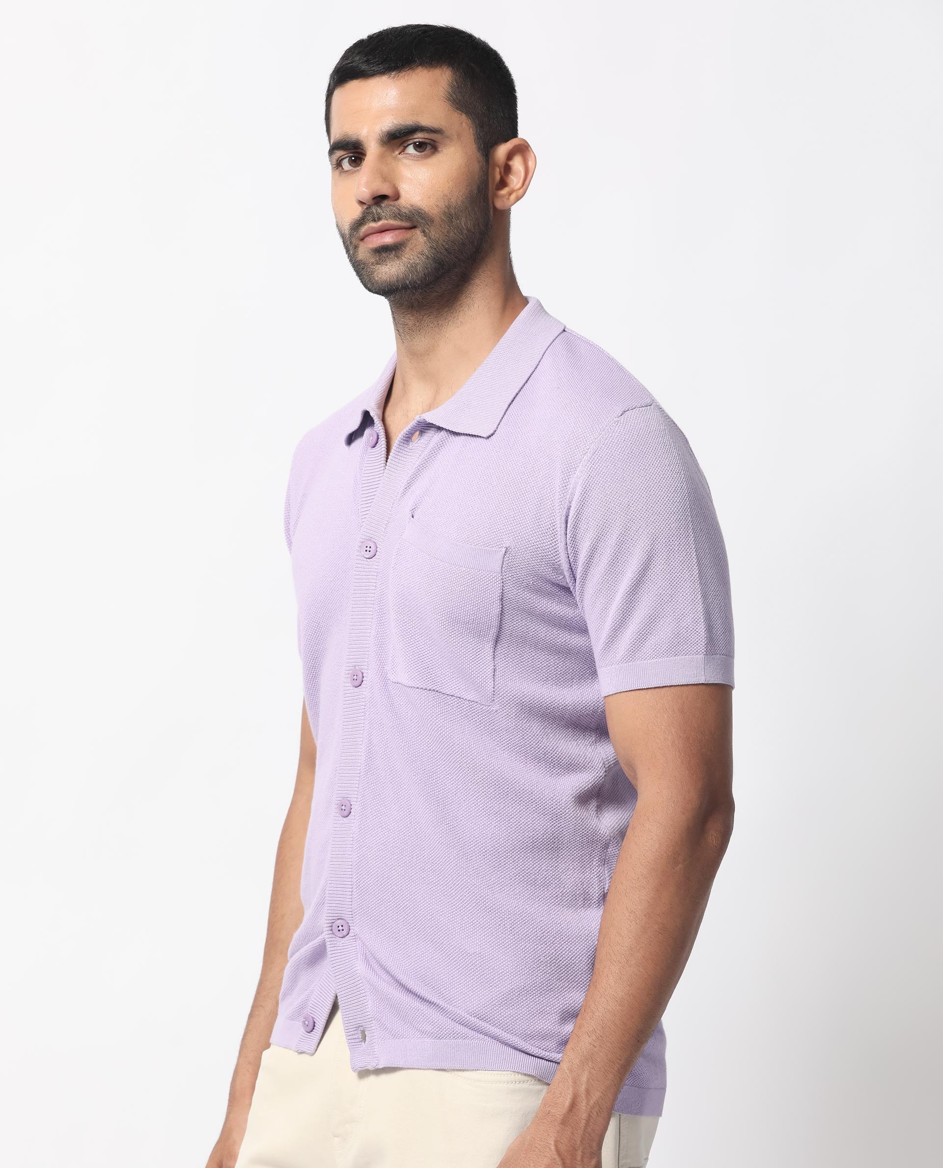 Rare Rabbit Men's Boise Ss Pastel Purple Cotton Fabric Half Sleeves Solid Knit Shirt