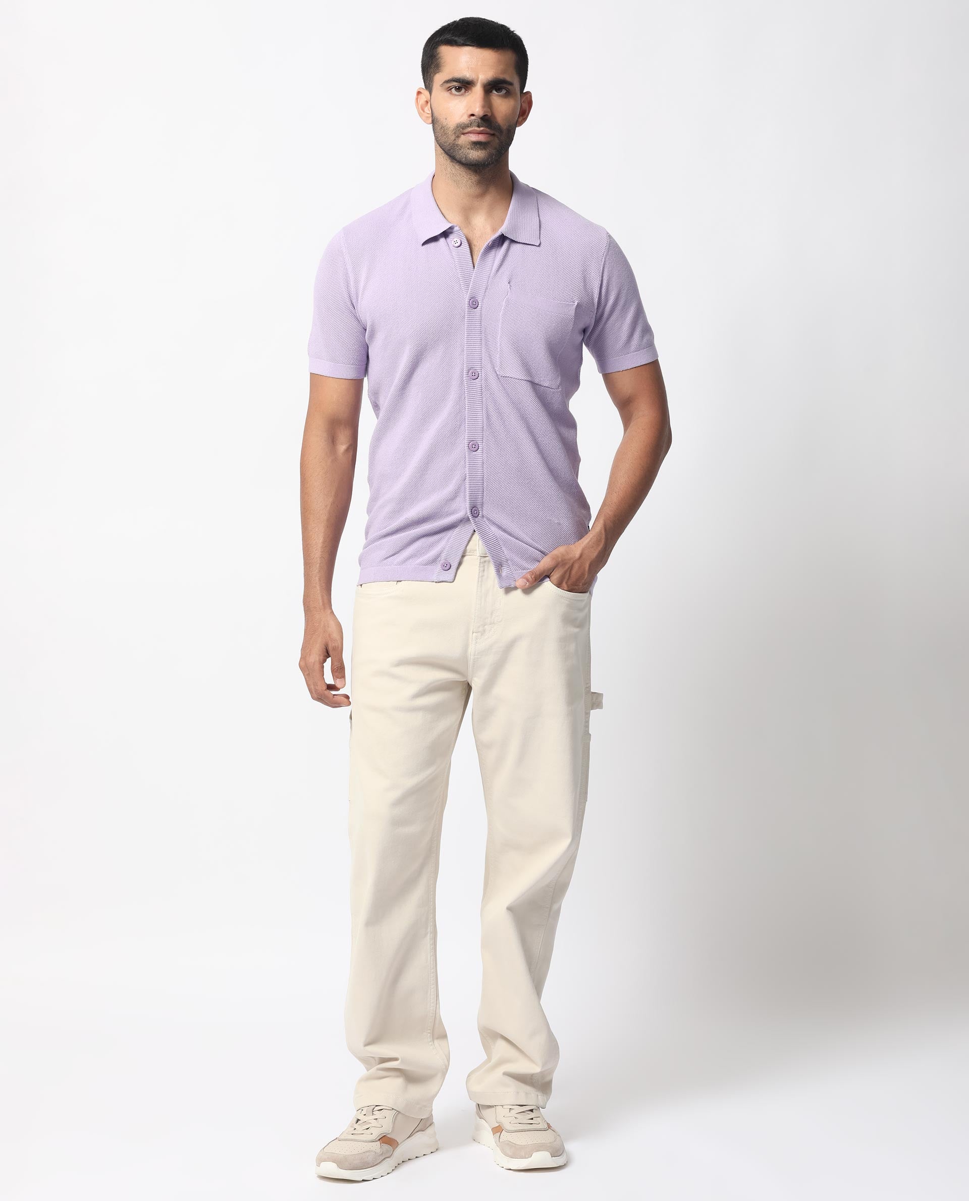 Rare Rabbit Men's Boise Ss Pastel Purple Cotton Fabric Half Sleeves Solid Knit Shirt