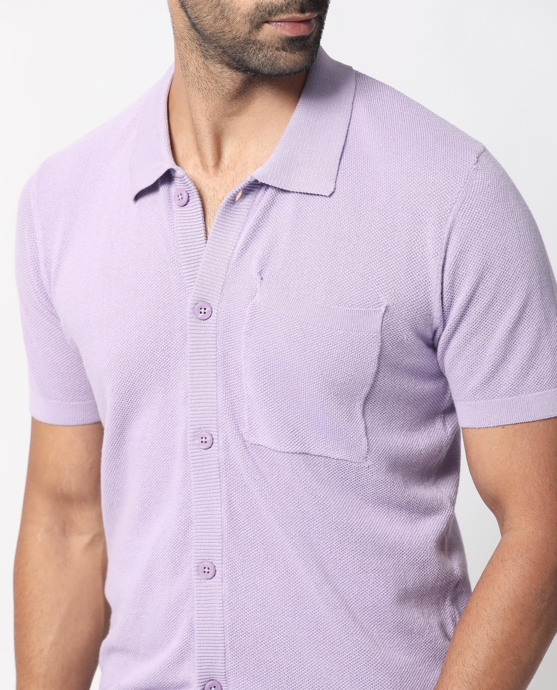 Rare Rabbit Men's Boise Ss Pastel Purple Cotton Fabric Half Sleeves Solid Knit Shirt