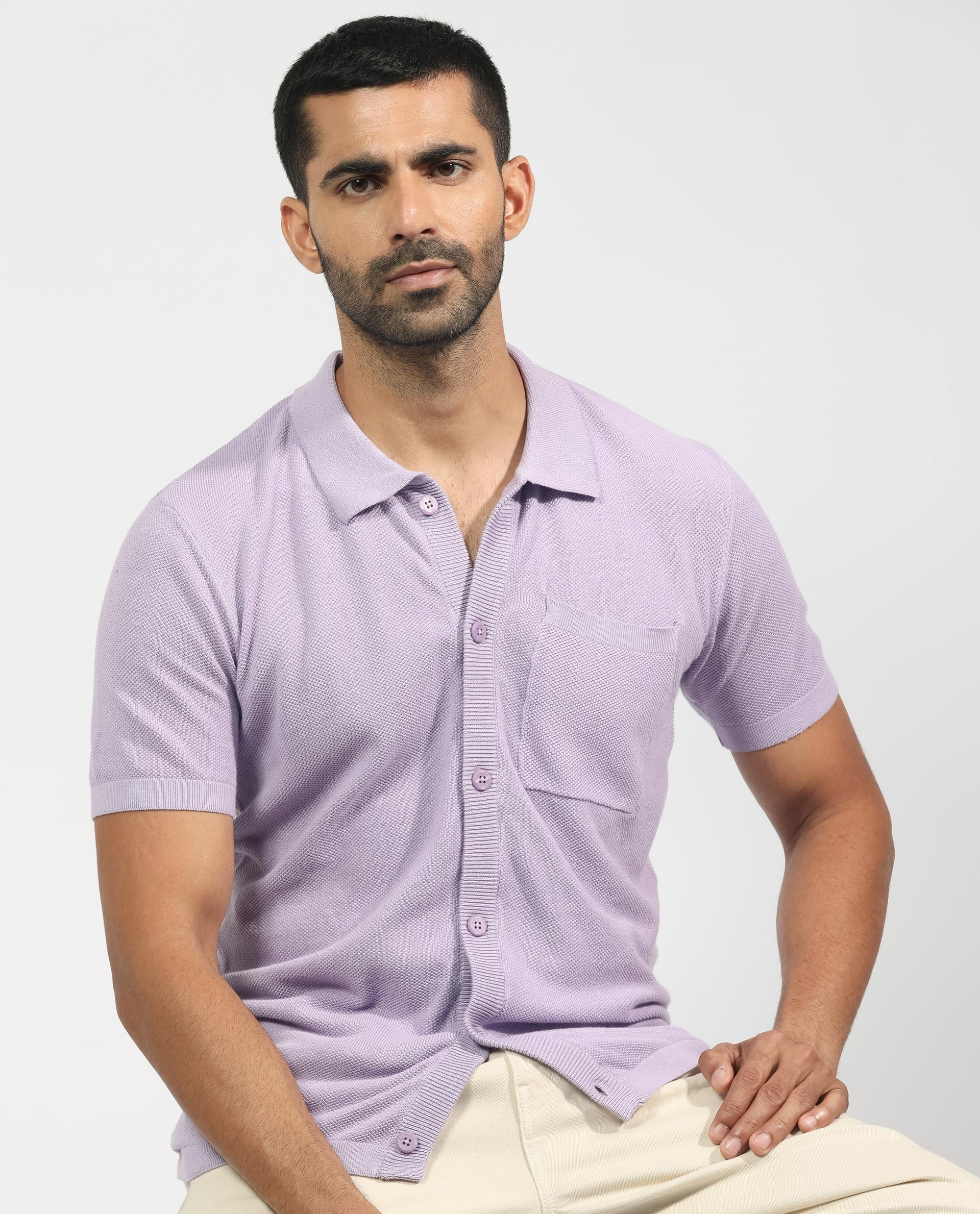 Rare Rabbit Men's Boise Ss Pastel Purple Cotton Fabric Half Sleeves Solid Knit Shirt