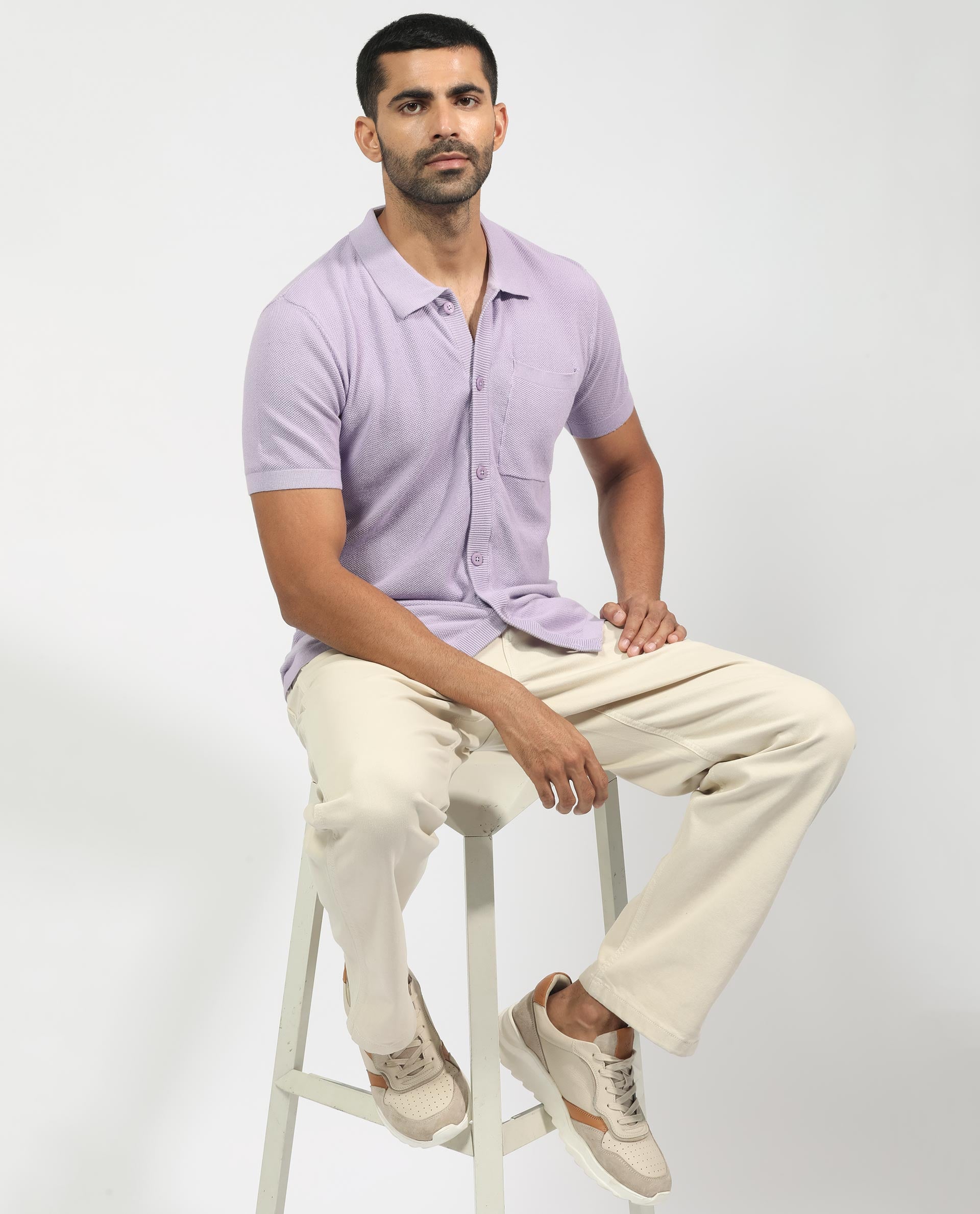 Rare Rabbit Men's Boise Ss Pastel Purple Cotton Fabric Half Sleeves Solid Knit Shirt