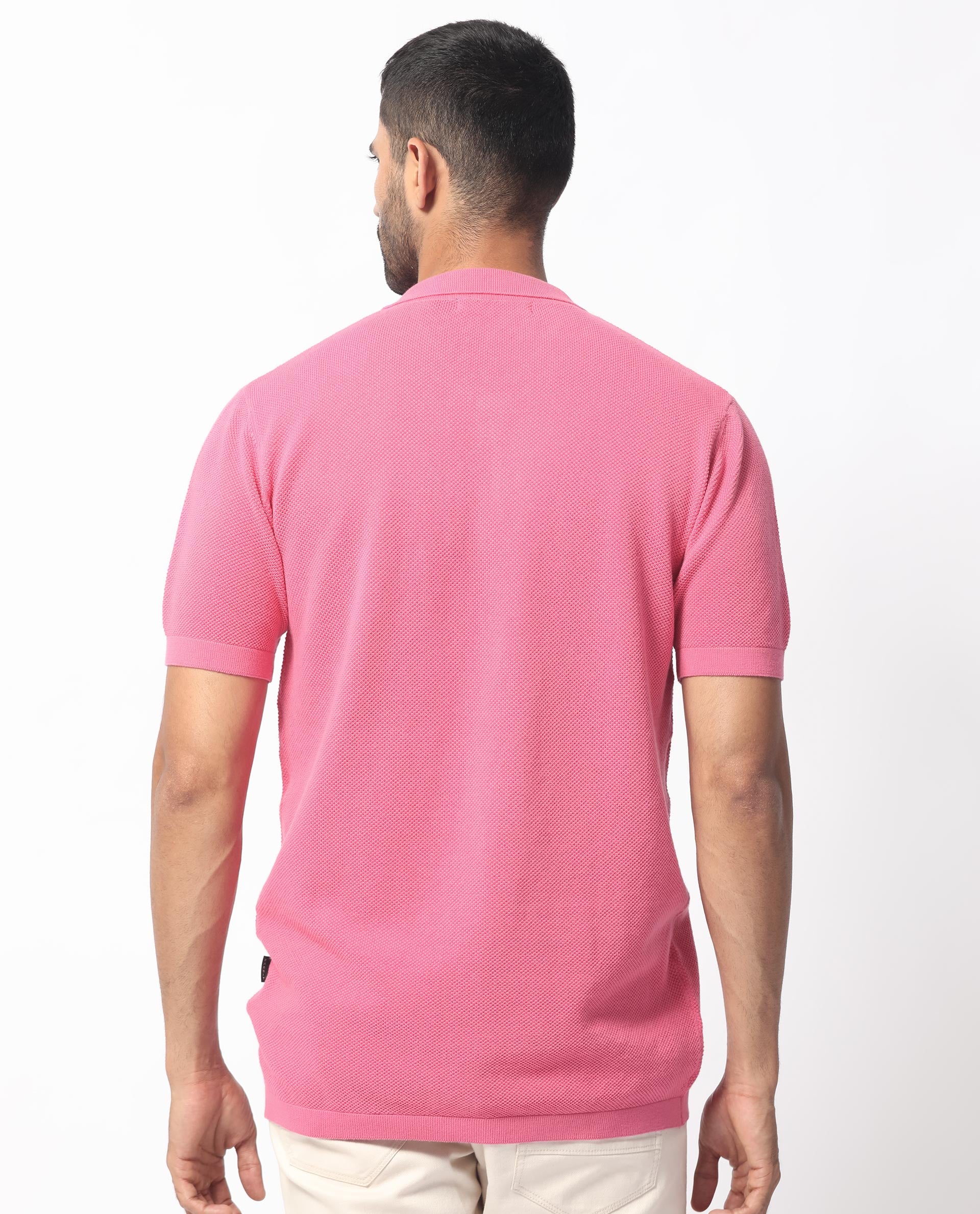Rare Rabbit Men's Boise Ss Flouroscent Pink Cotton Fabric Half Sleeves Solid Knit Shirt