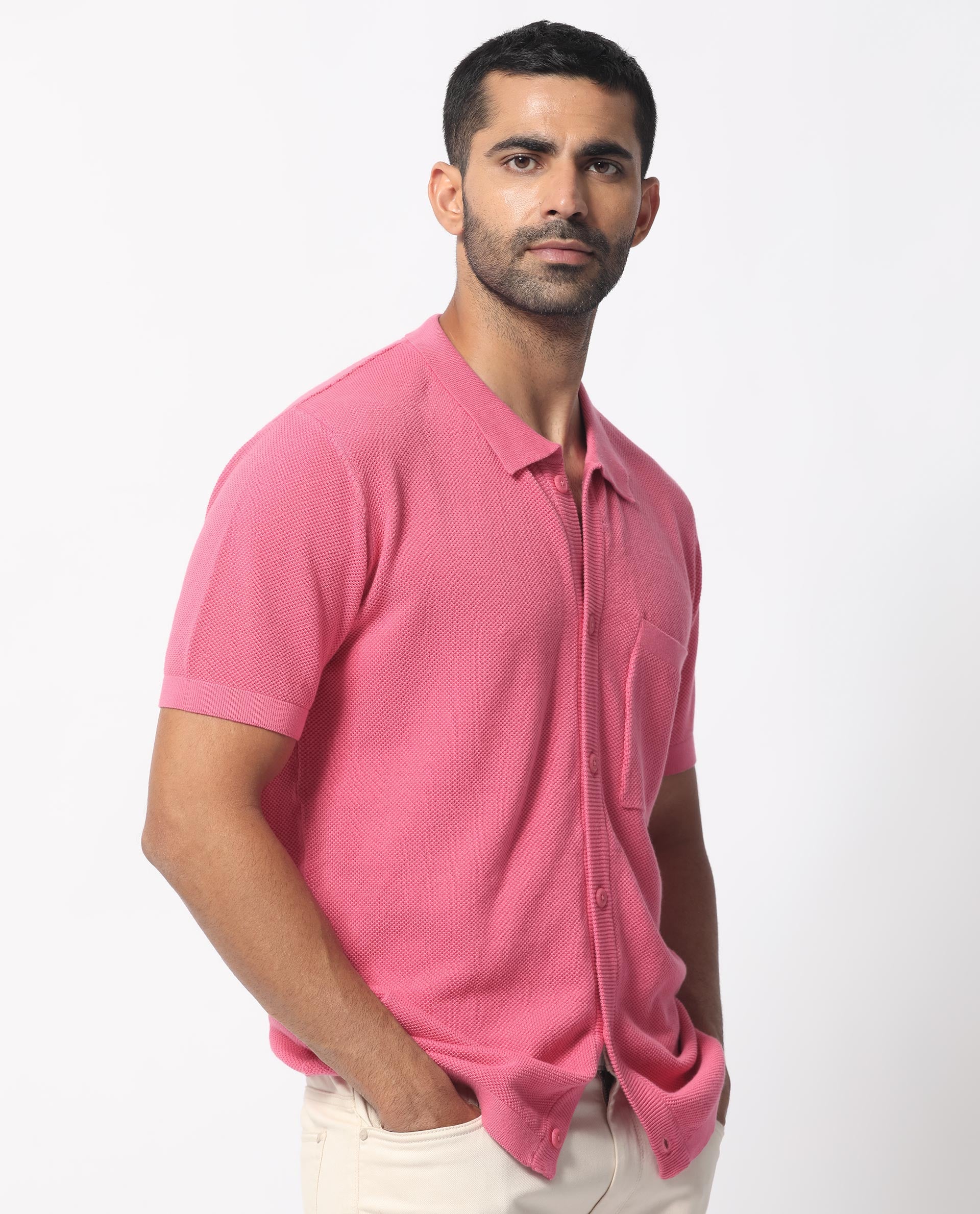 Rare Rabbit Men's Boise Ss Flouroscent Pink Cotton Fabric Half Sleeves Solid Knit Shirt