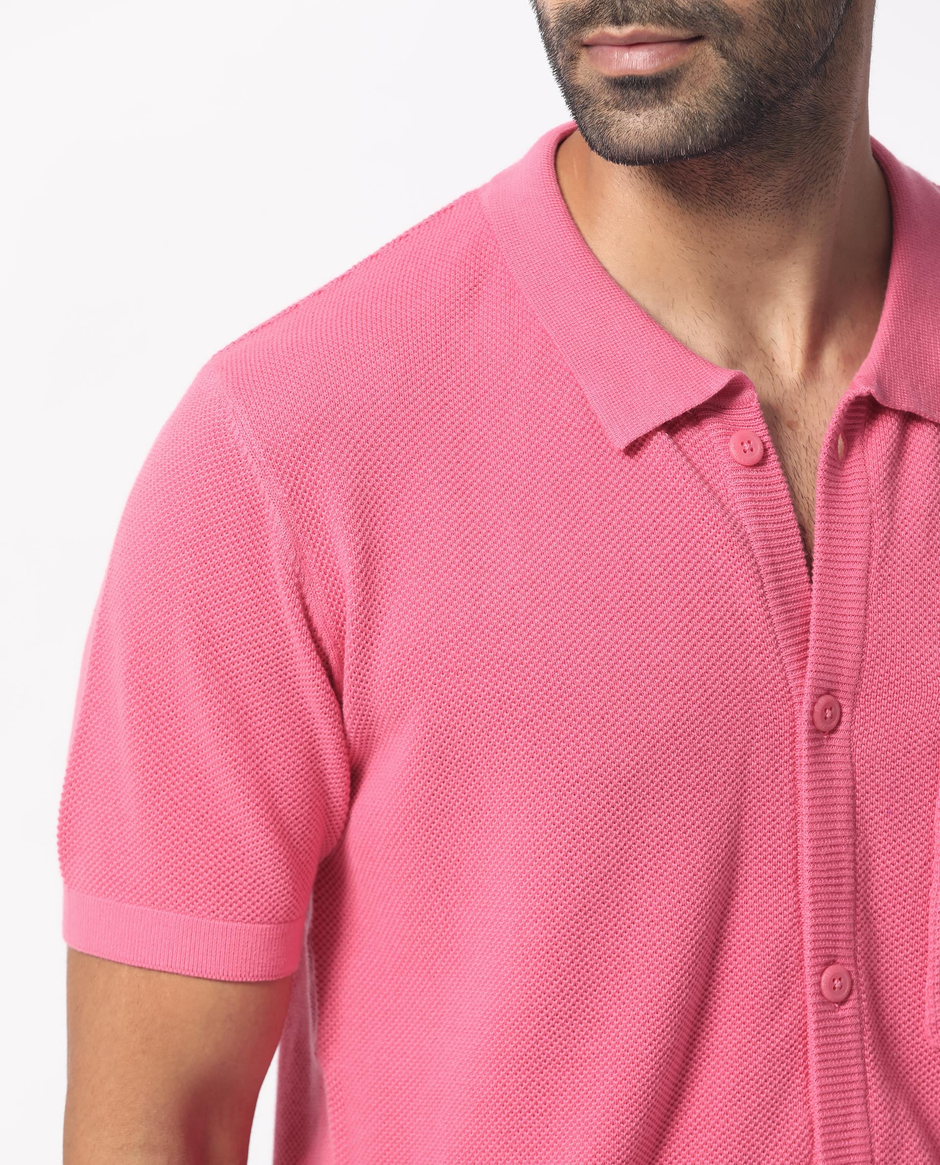 Rare Rabbit Men's Boise Ss Flouroscent Pink Cotton Fabric Half Sleeves Solid Knit Shirt