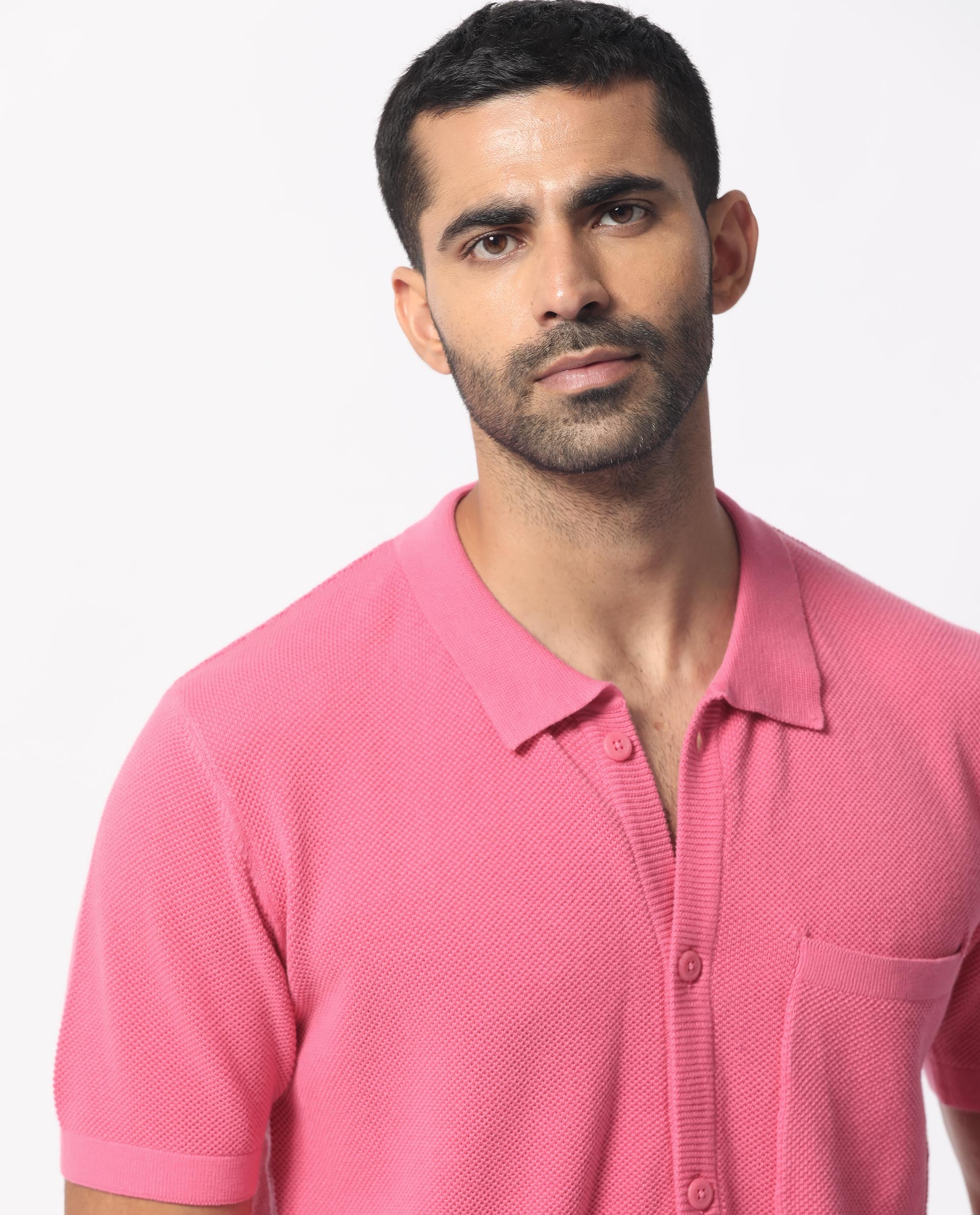 Rare Rabbit Men's Boise Ss Flouroscent Pink Cotton Fabric Half Sleeves Solid Knit Shirt