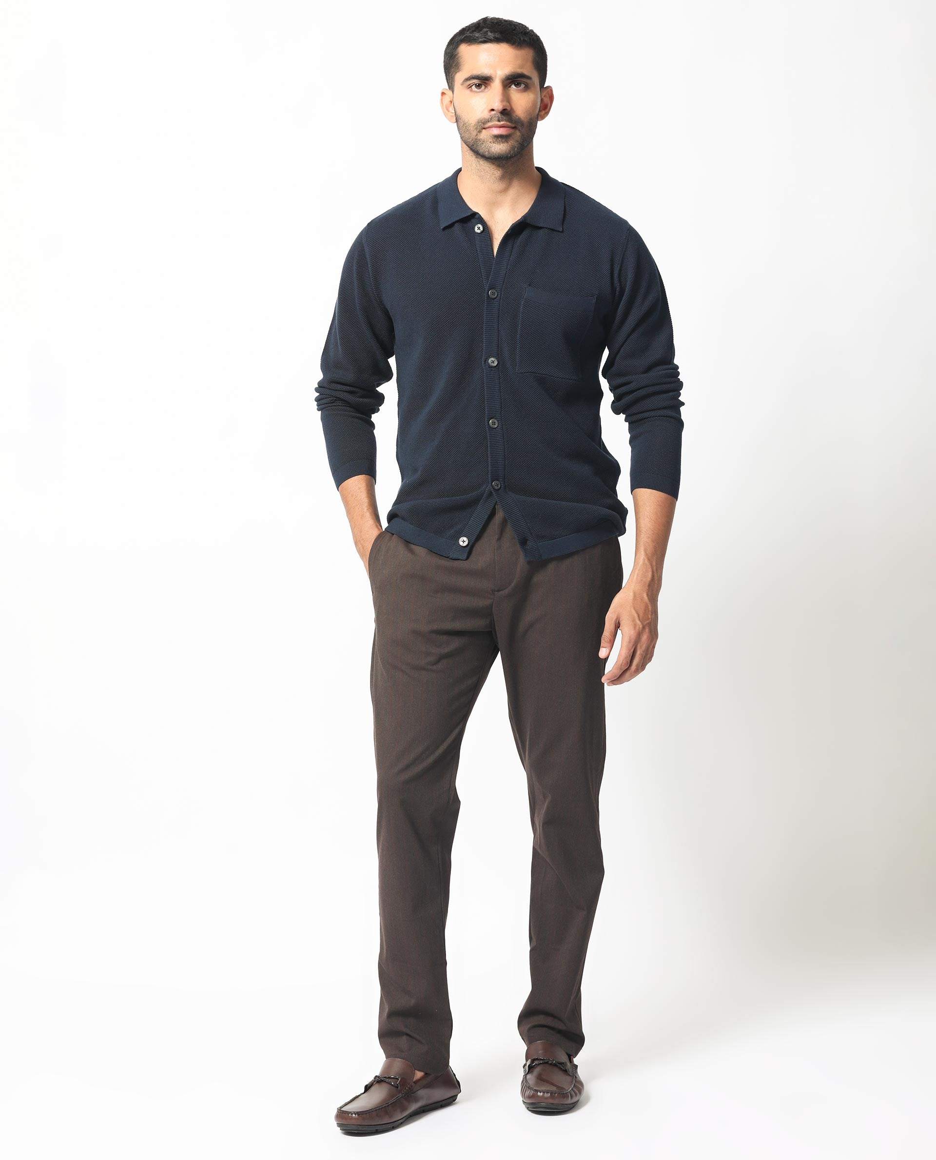 Rare Rabbit Men's Boise Ls Navy Cotton Fabric Full Sleeves Solid Knit Shirt