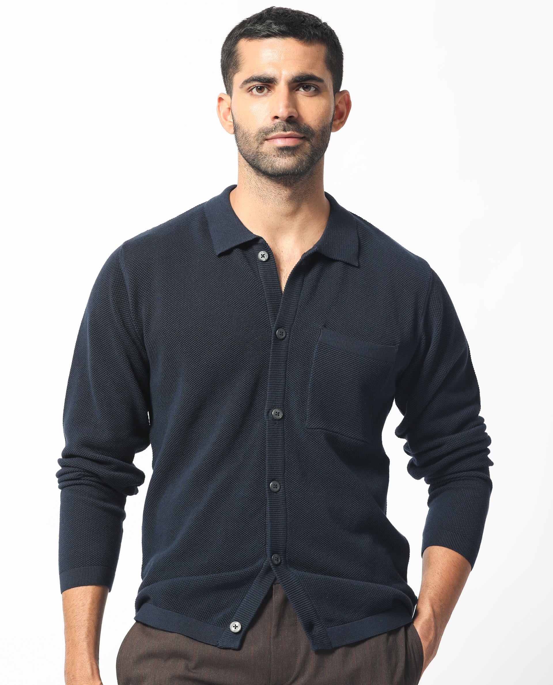 Rare Rabbit Men's Boise Ls Navy Cotton Fabric Full Sleeves Solid Knit Shirt