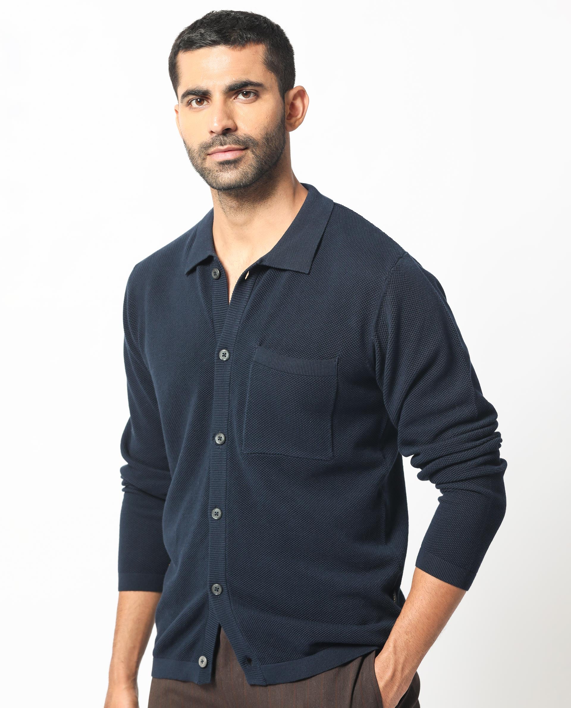 Rare Rabbit Men's Boise Ls Navy Cotton Fabric Full Sleeves Solid Knit Shirt