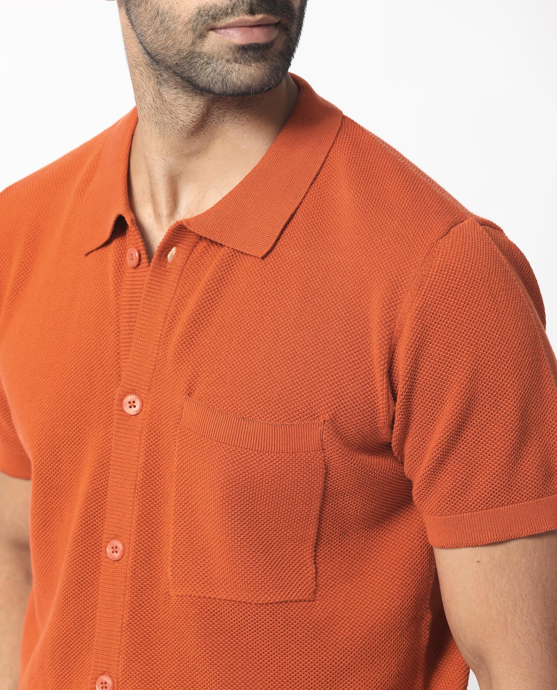 Rare Rabbit Men's Boise Ss Rust Cotton Fabric Half Sleeves Solid Knit Shirt