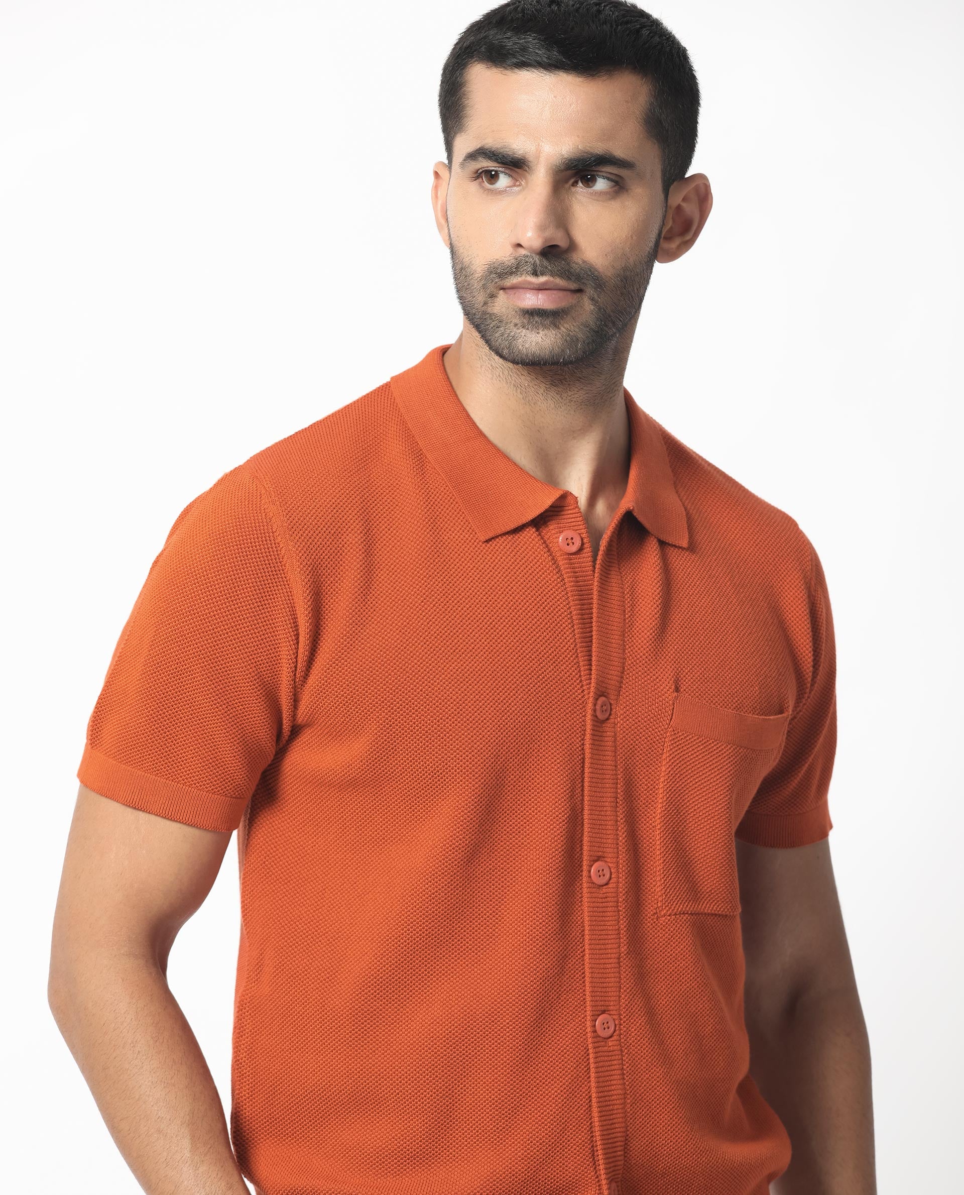 Rare Rabbit Men's Boise Ss Rust Cotton Fabric Half Sleeves Solid Knit Shirt