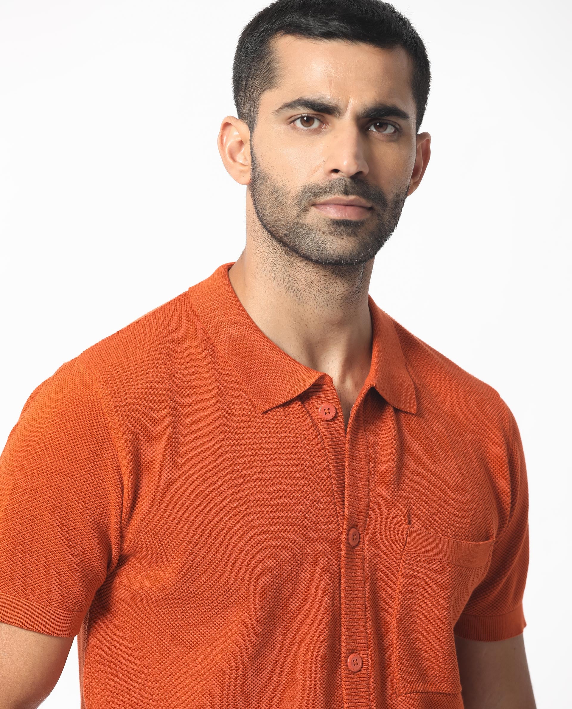 Rare Rabbit Men's Boise Ss Rust Cotton Fabric Half Sleeves Solid Knit Shirt