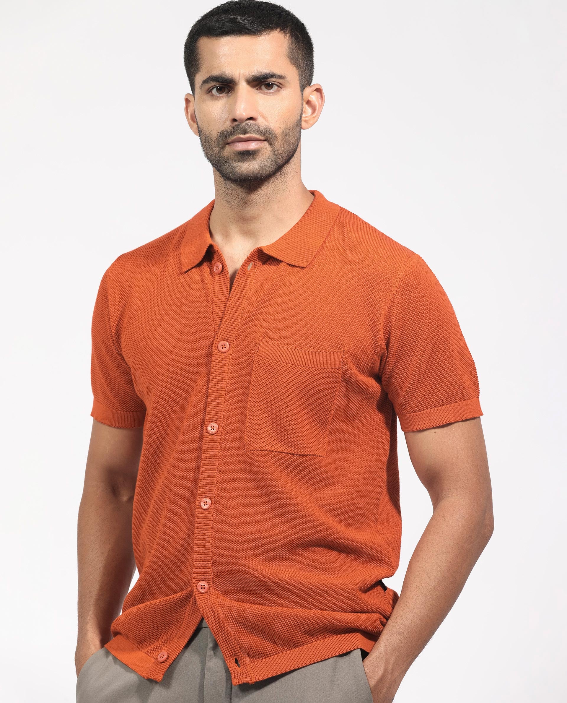 Rare Rabbit Men's Boise Ss Rust Cotton Fabric Half Sleeves Solid Knit Shirt