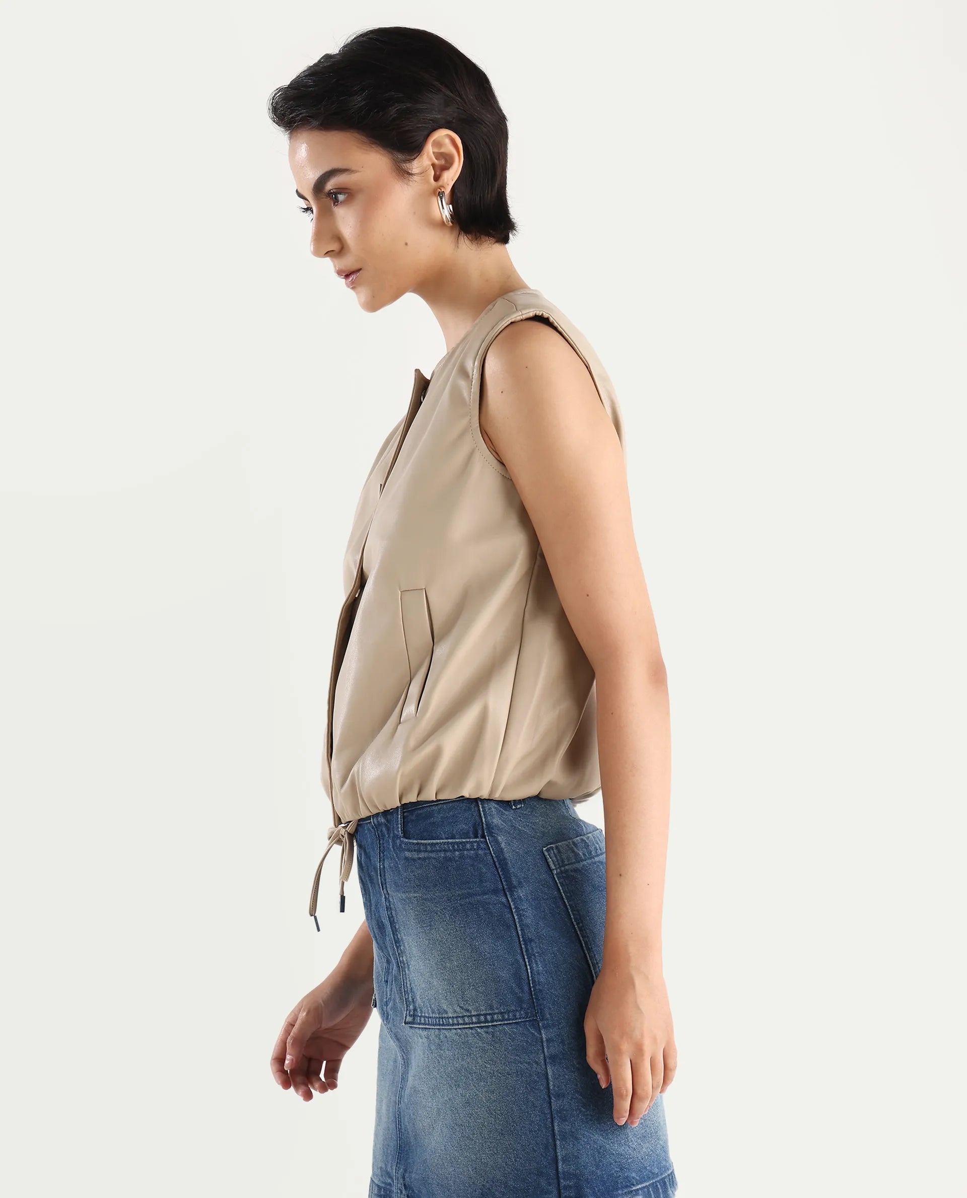 Rareism Women's Bojur - Light Brown Knit Round Neck Plain Sleeveless Boxy Fit Jacket