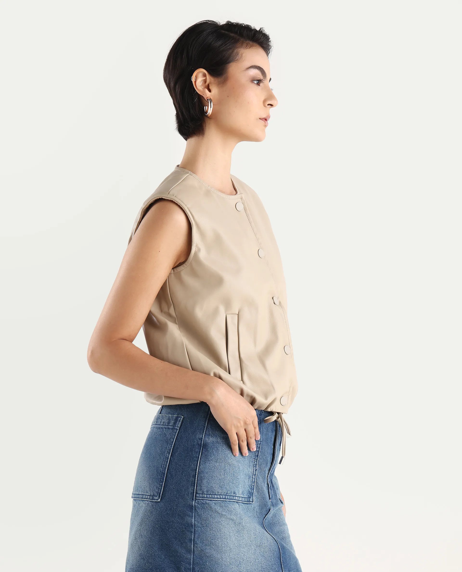 Rareism Women's Bojur - Light Brown Knit Round Neck Plain Sleeveless Boxy Fit Jacket