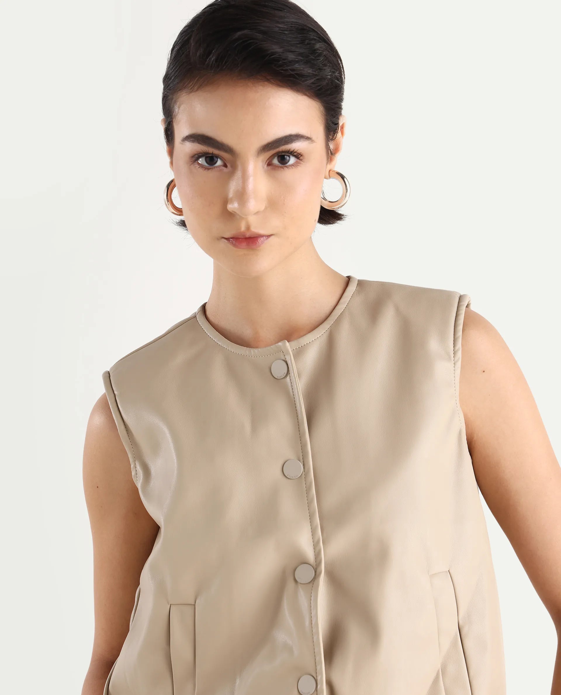 Rareism Women's Bojur - Light Brown Knit Round Neck Plain Sleeveless Boxy Fit Jacket