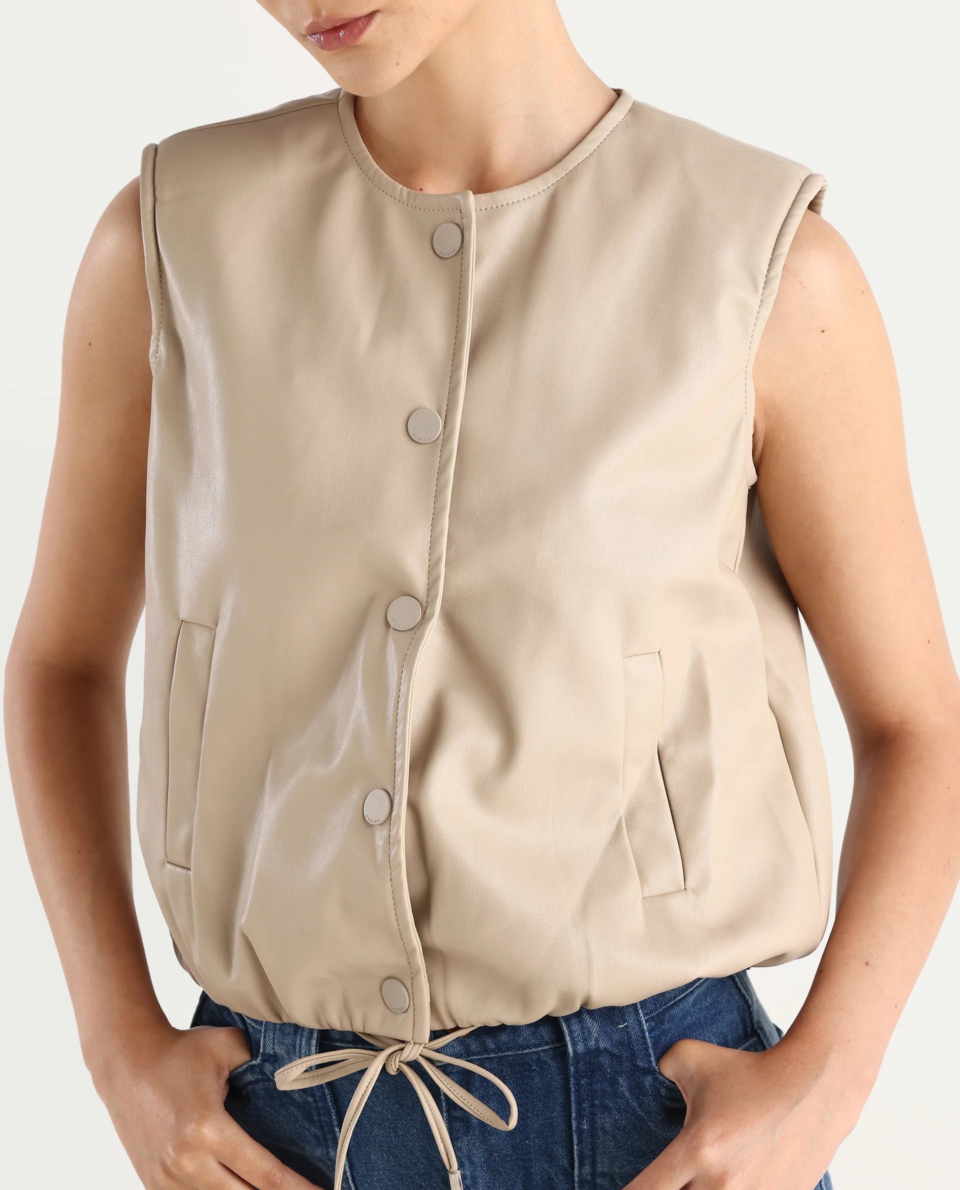 Rareism Women's Bojur - Light Brown Knit Round Neck Plain Sleeveless Boxy Fit Jacket