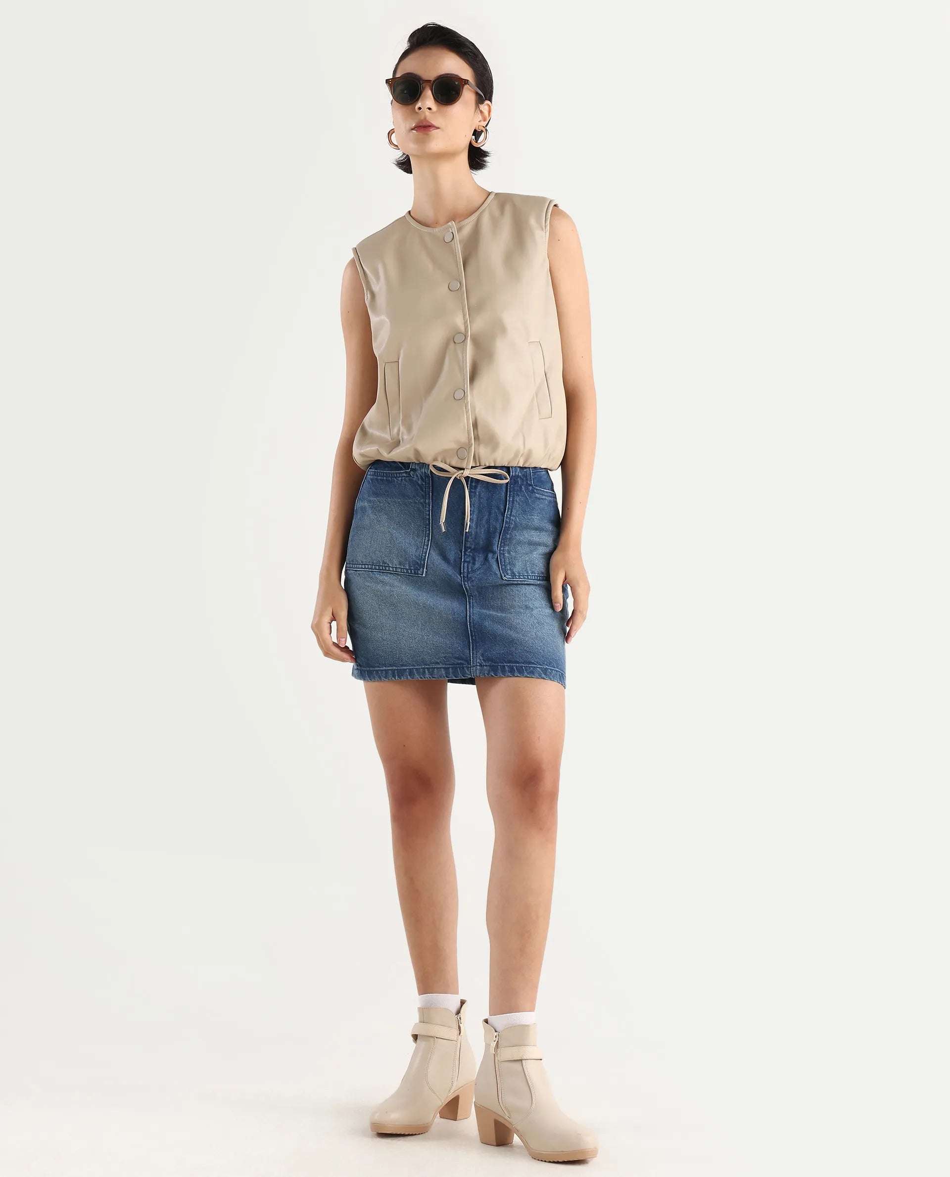 Rareism Women's Bojur - Light Brown Knit Round Neck Plain Sleeveless Boxy Fit Jacket