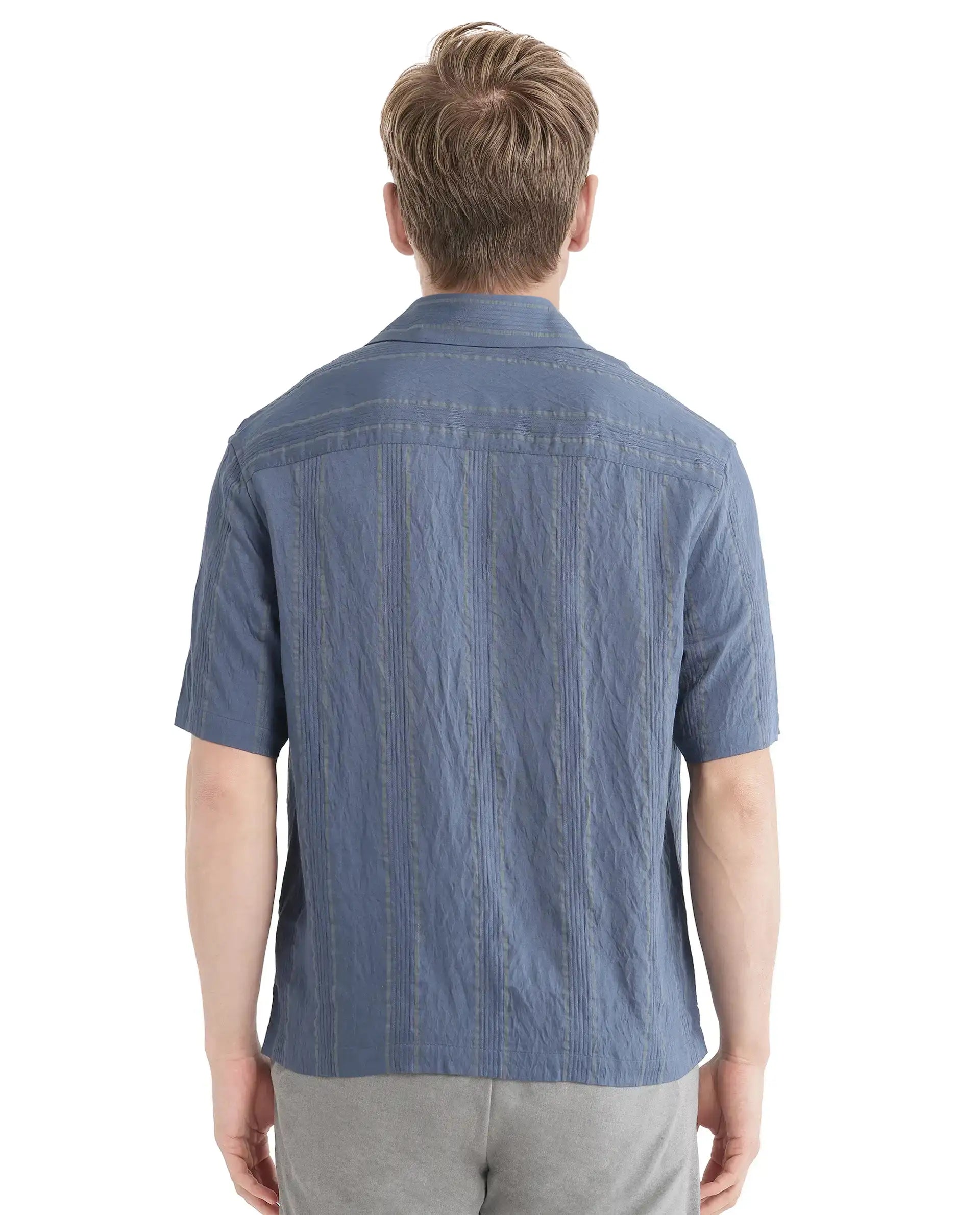 Rare Rabbit Men's Boks Dusky Blue Viscose Blend Striped Print Relaxed Fit Half Sleeve Collared Shirt