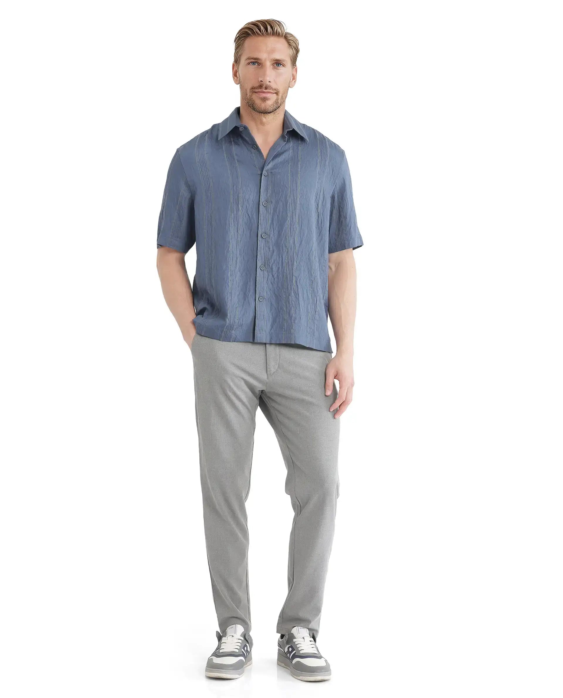 Rare Rabbit Men's Boks Dusky Blue Viscose Blend Striped Print Relaxed Fit Half Sleeve Collared Shirt