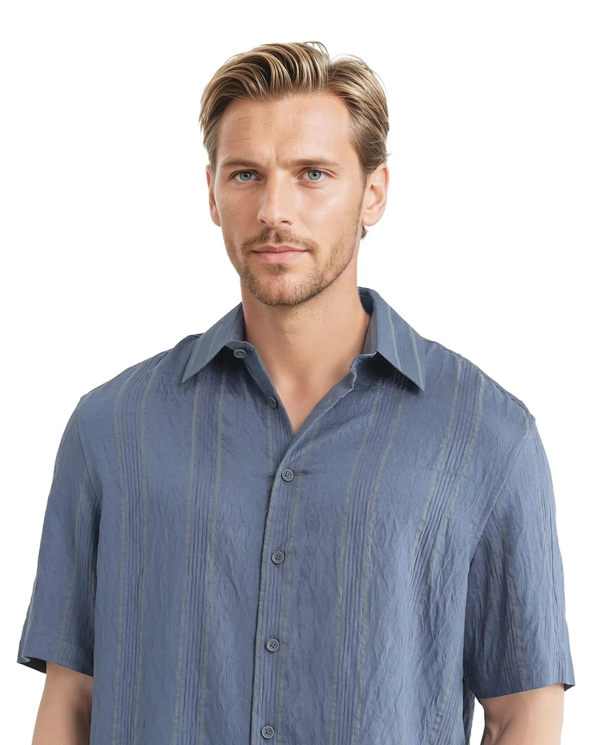 Rare Rabbit Men's Boks Dusky Blue Viscose Blend Striped Print Relaxed Fit Half Sleeve Collared Shirt