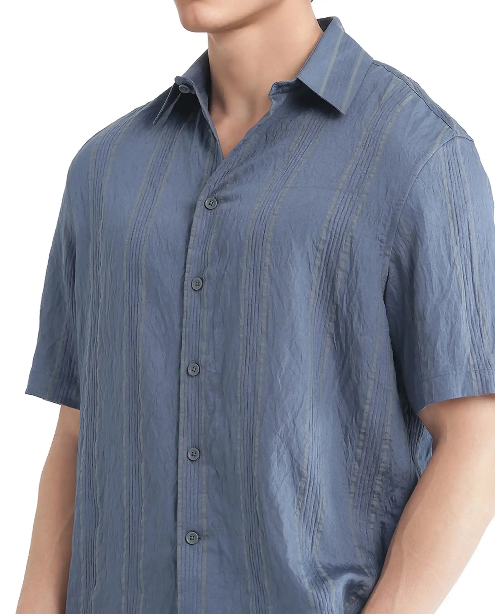 Rare Rabbit Men's Boks Dusky Blue Viscose Blend Striped Print Relaxed Fit Half Sleeve Collared Shirt