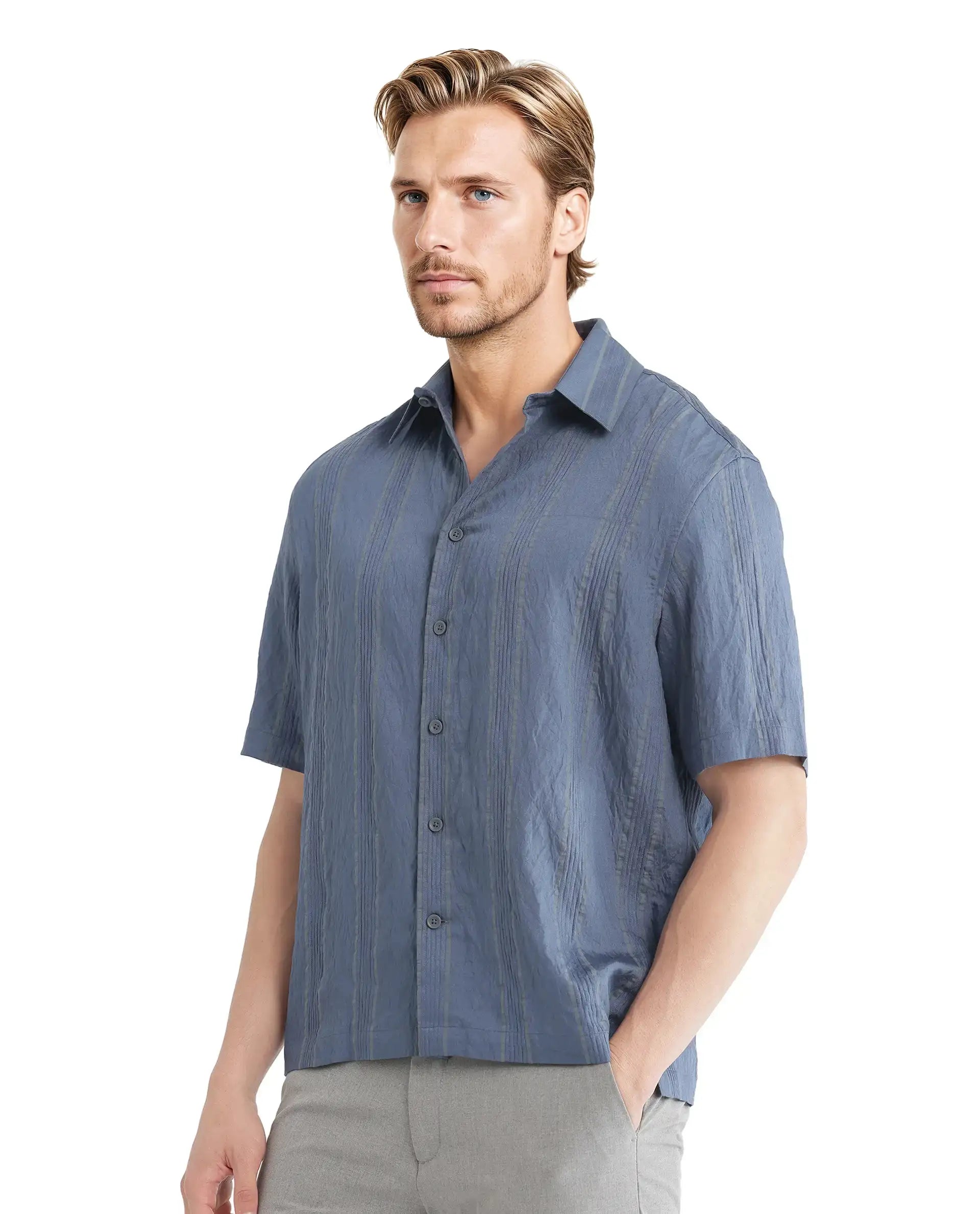 Rare Rabbit Men's Boks Dusky Blue Viscose Blend Striped Print Relaxed Fit Half Sleeve Collared Shirt