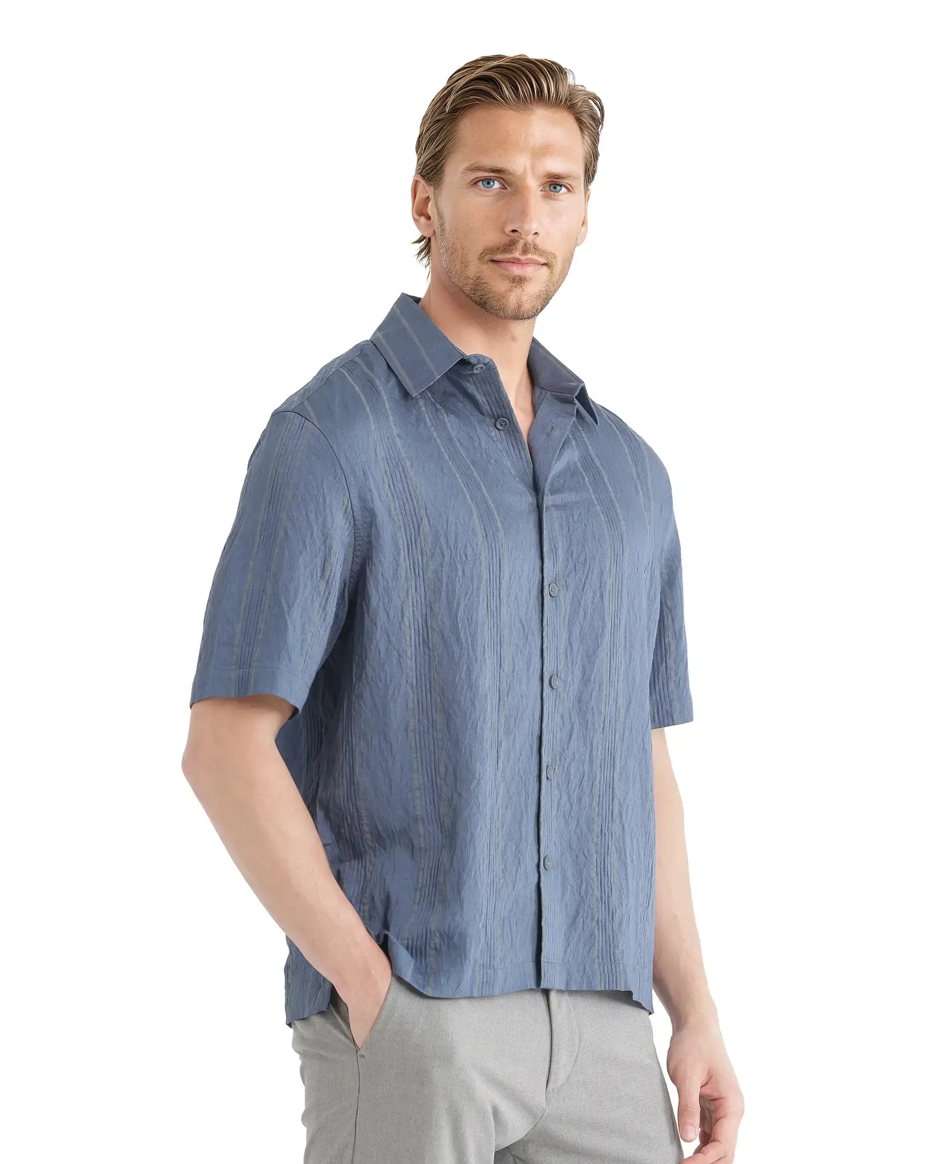 Rare Rabbit Men's Boks Dusky Blue Viscose Blend Striped Print Relaxed Fit Half Sleeve Collared Shirt