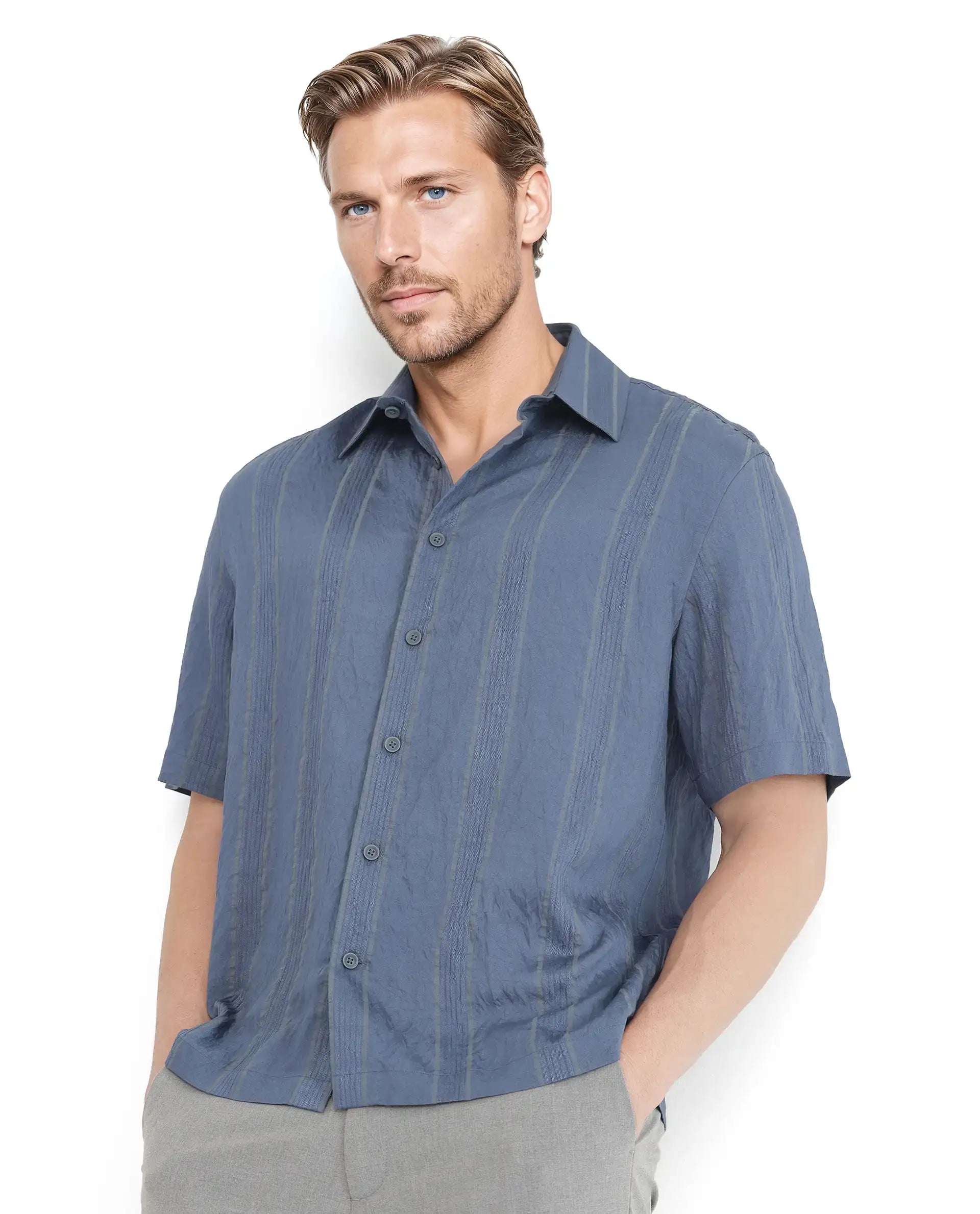 Rare Rabbit Men's Boks Dusky Blue Viscose Blend Striped Print Relaxed Fit Half Sleeve Collared Shirt