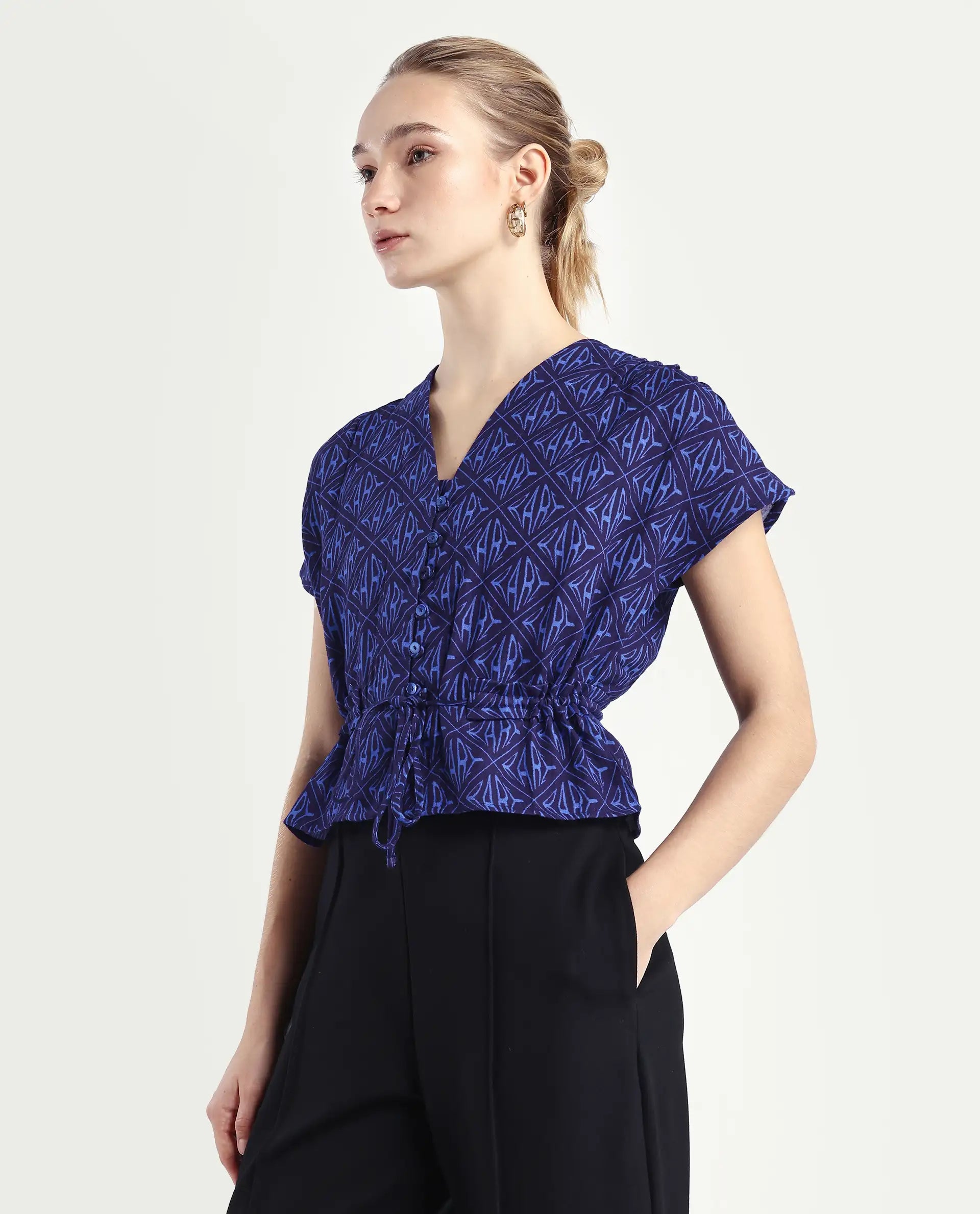 Rareism Women's Bolgan Dark Blue Cotton Blend V-Neck Monogram Print Extended Sleeves Crop Regular Fit Top