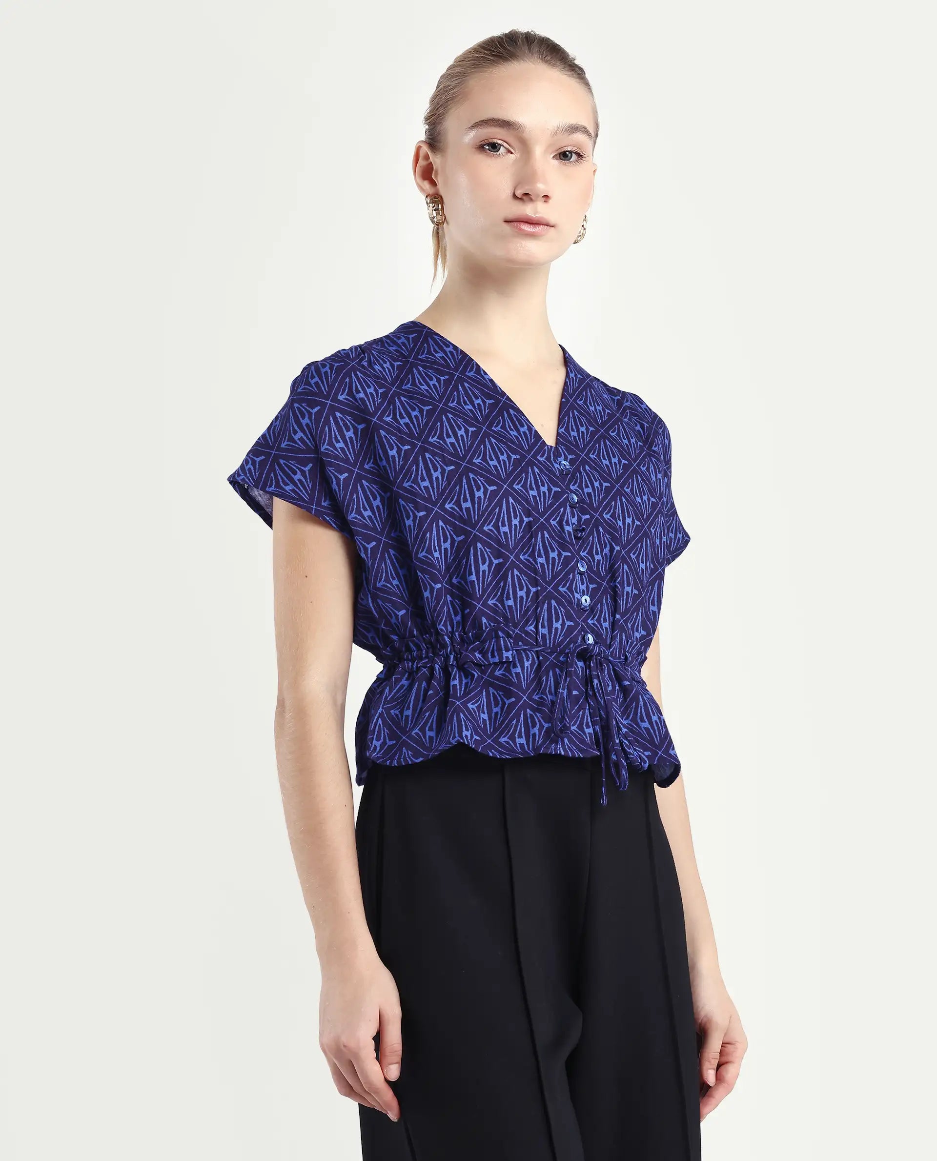 Rareism Women's Bolgan Dark Blue Cotton Blend V-Neck Monogram Print Extended Sleeves Crop Regular Fit Top