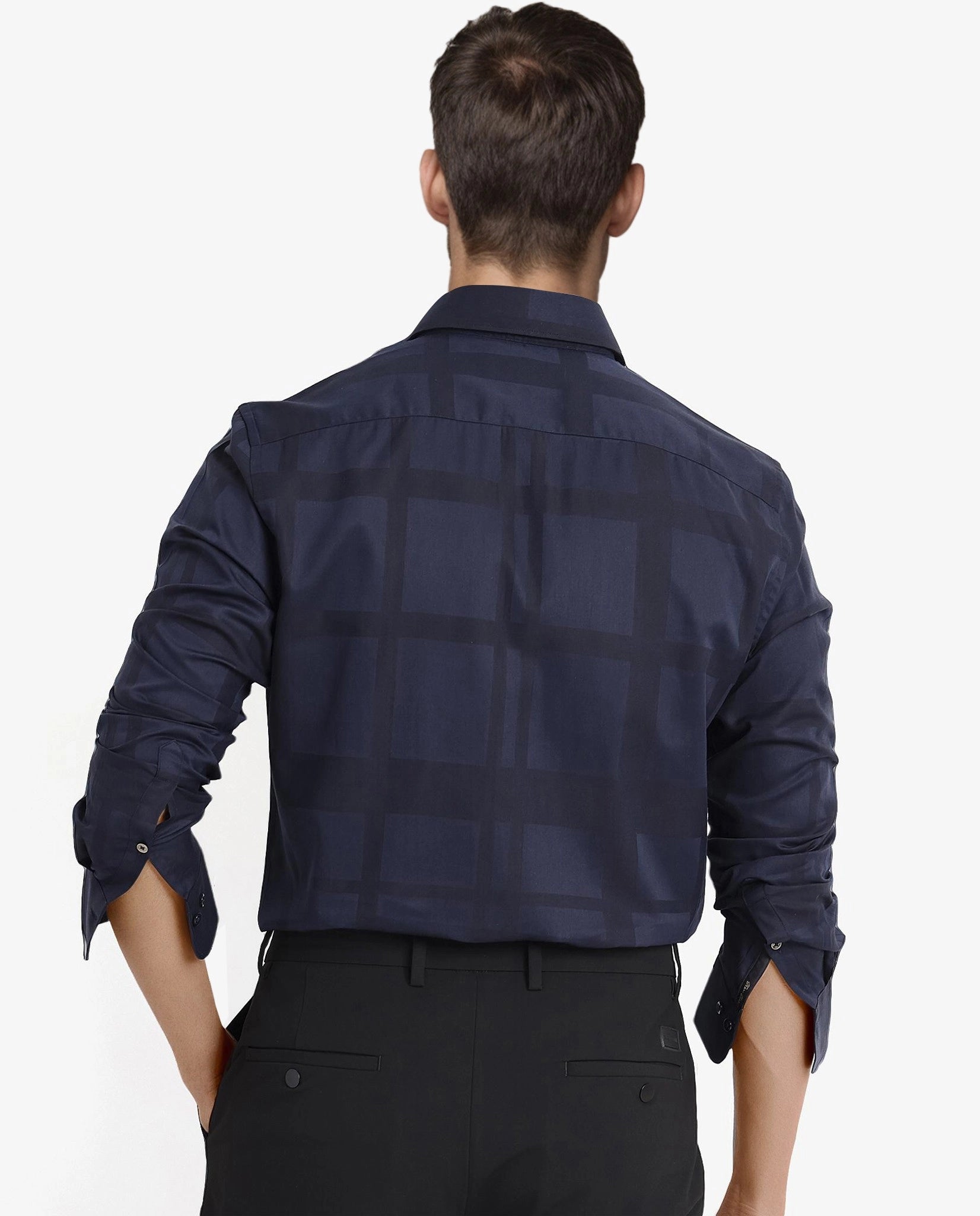 Rare Rabbit Men Bolin Dark Navy Cotton Lyocell Fabric Full Sleeve Regular Fit Tonal Check Shirt