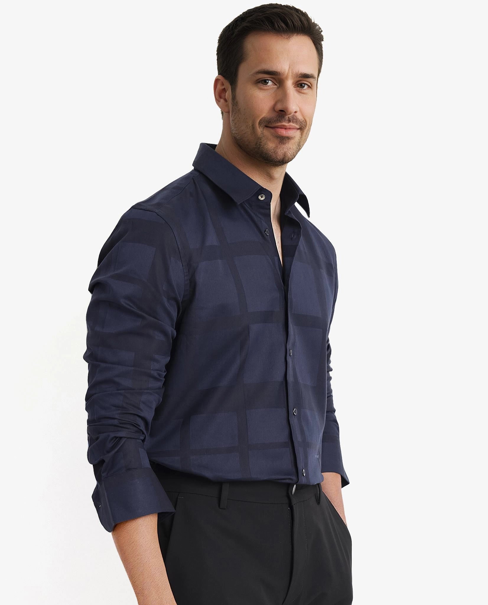 Rare Rabbit Men Bolin Dark Navy Cotton Lyocell Fabric Full Sleeve Regular Fit Tonal Check Shirt
