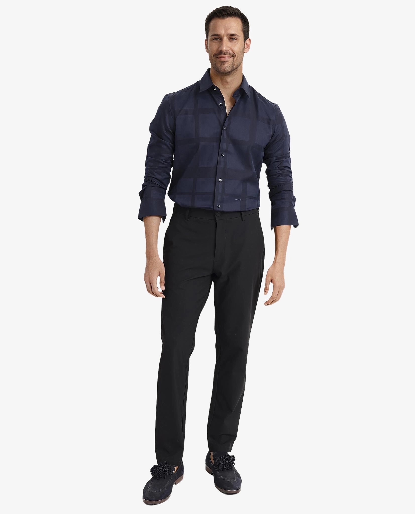 Rare Rabbit Men Bolin Dark Navy Cotton Lyocell Fabric Full Sleeve Regular Fit Tonal Check Shirt