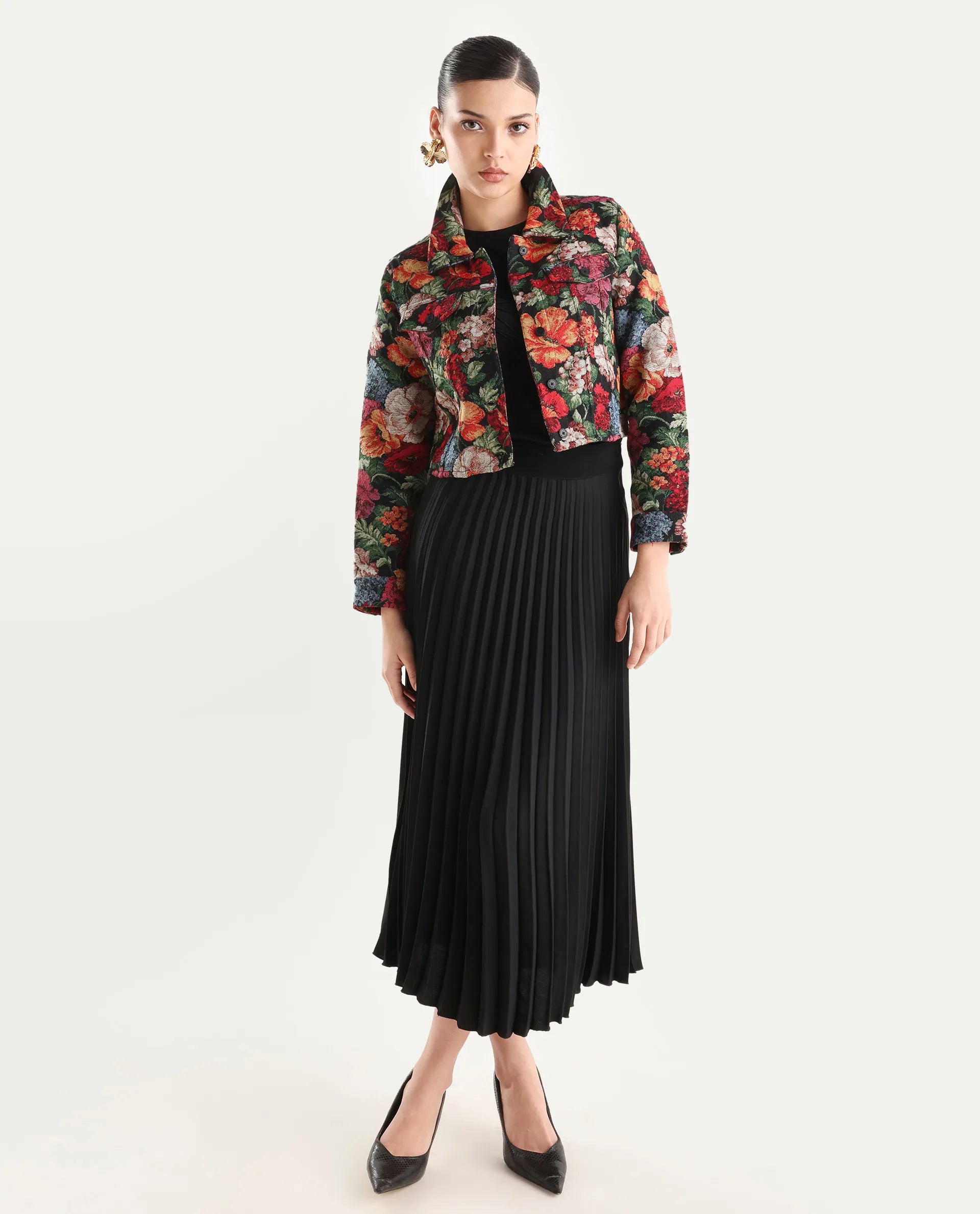Rareism Women's Bolor Multi Cotton Blend Drop Collar Jacquard Cuffed Sleeve Crop Regular Fit Jacket