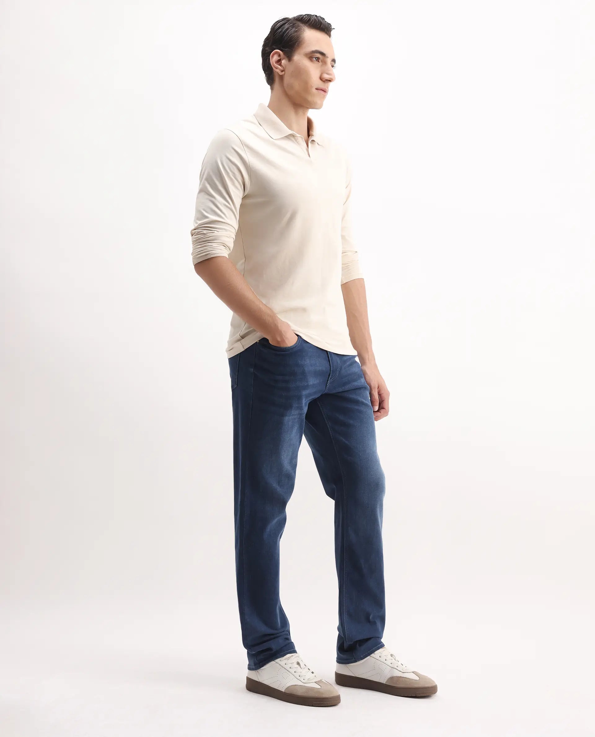 Rare Rabbit Men's Bolt Blue Cotton Blend Plain Morris Regular Fit Jeans